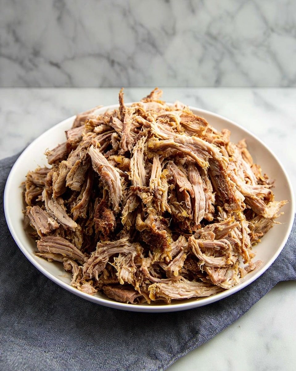 A large pile of shredded brown meat sits on a white plate, the strands showing coarse, fibrous texture and some darker browned edges, stacked high in the center. The plate rests on a dark surface with a white marbled background behind it. A corner of a blue cloth napkin with small white triangle patterns and a silver fork can be seen near the bottom right of the plate. Photo taken with an iphone --ar 4:5 --v 7