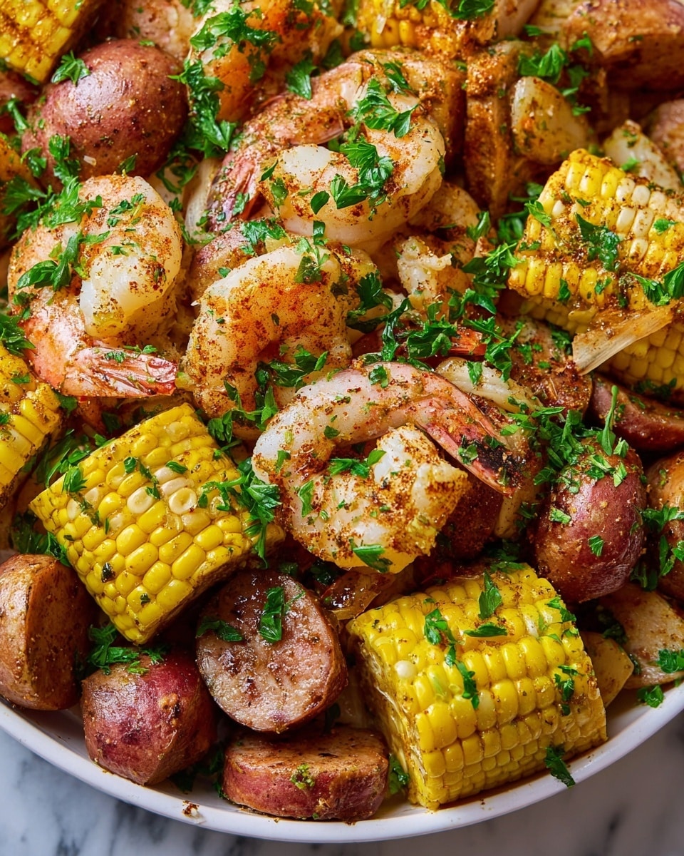 This image shows a close-up of a dish with several layers of food mixed together. The bottom layer has whole small potatoes in a light red color, and thick slices of yellow corn on the cob with grill marks. On top are brown sausage slices with a slightly crispy texture. The top layer is made up of large shrimp, cooked with their shells partially on and a pinkish-white color with some seasoning sprinkled over them. The dish is garnished with fresh green parsley leaves spread evenly throughout. The whole food is arranged closely in a white bowl, sitting on a white marbled surface. photo taken with an iphone --ar 4:5 --v 7