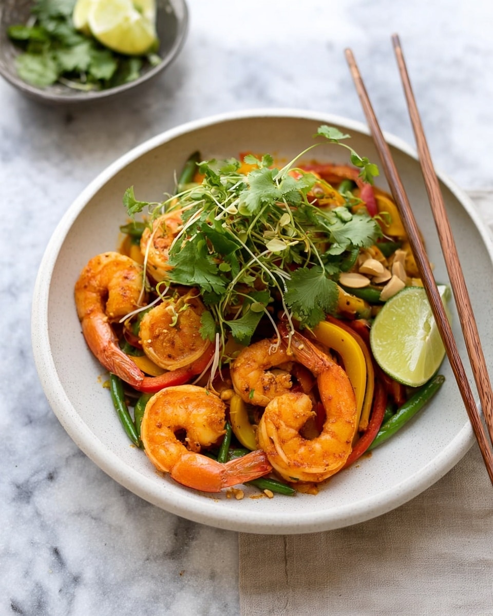 A white bowl filled with about five bright orange cooked shrimp on top, arranged around colorful thin slices of yellow, red, and green bell peppers mixed with some green beans. On top of the shrimp and vegetables, there is a layer of fresh green cilantro leaves and a small bunch of microgreens. A lime wedge sits on the edge of the bowl, and some peanuts are sprinkled throughout. Two wooden chopsticks rest on the side of the bowl. The bowl is placed on a white marbled surface with a blurred small bowl of lime wedges and herbs in the background. Photo taken with an iphone --ar 4:5 --v 7