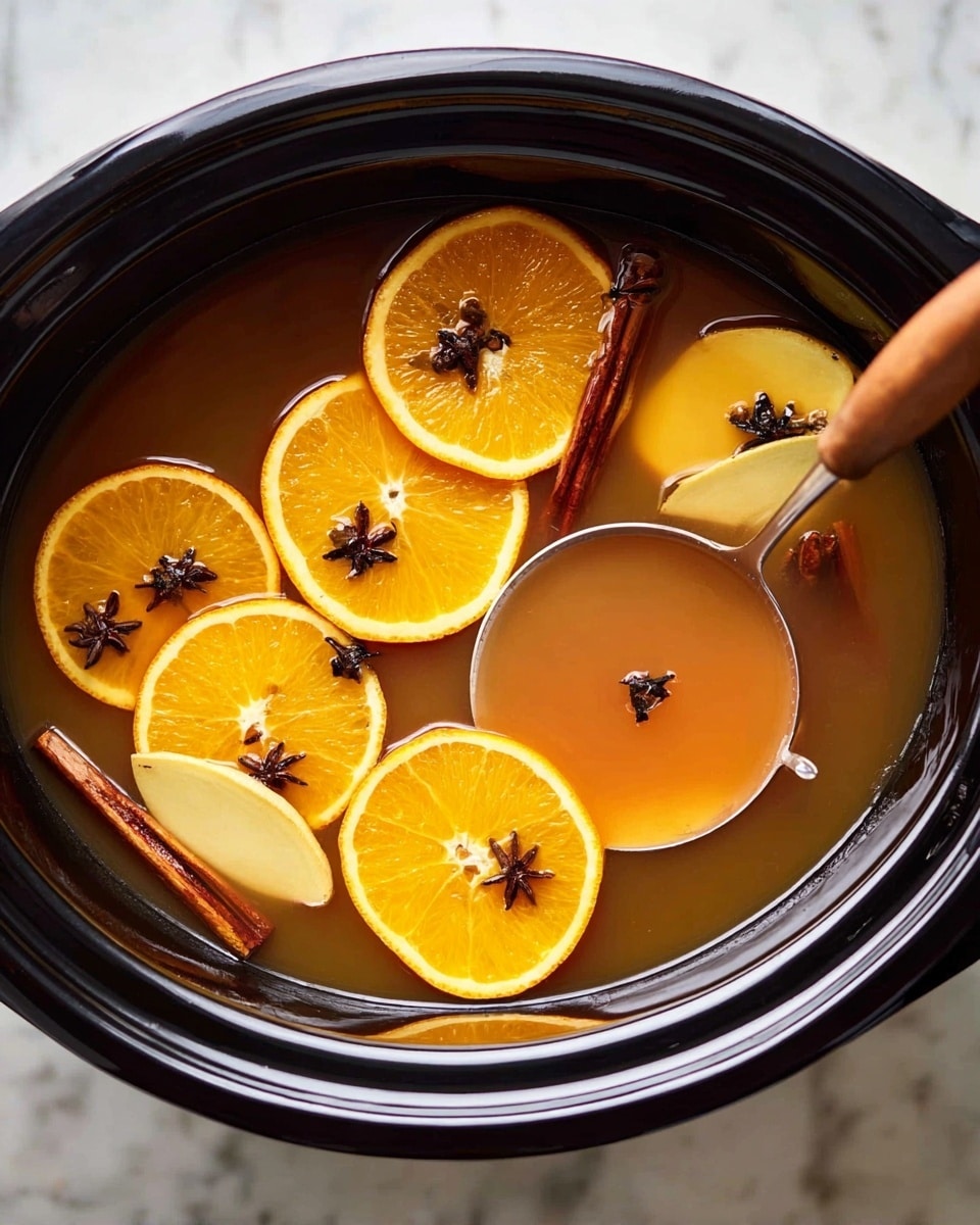 A close-up view of a dark pot filled with a warm orange-brown liquid that has visible small brown whole cloves floating on the surface. On top of the liquid, there are round slices of bright orange with a slightly textured peel, some with thin pale yellow slices of ginger resting on them. A silver ladle with a shiny surface is partially immersed in the liquid on the right side. The pot edges are visible and glossy, indicating it is filled almost to the top. The background features a white marbled texture. Photo taken with an iphone --ar 4:5 --v 7