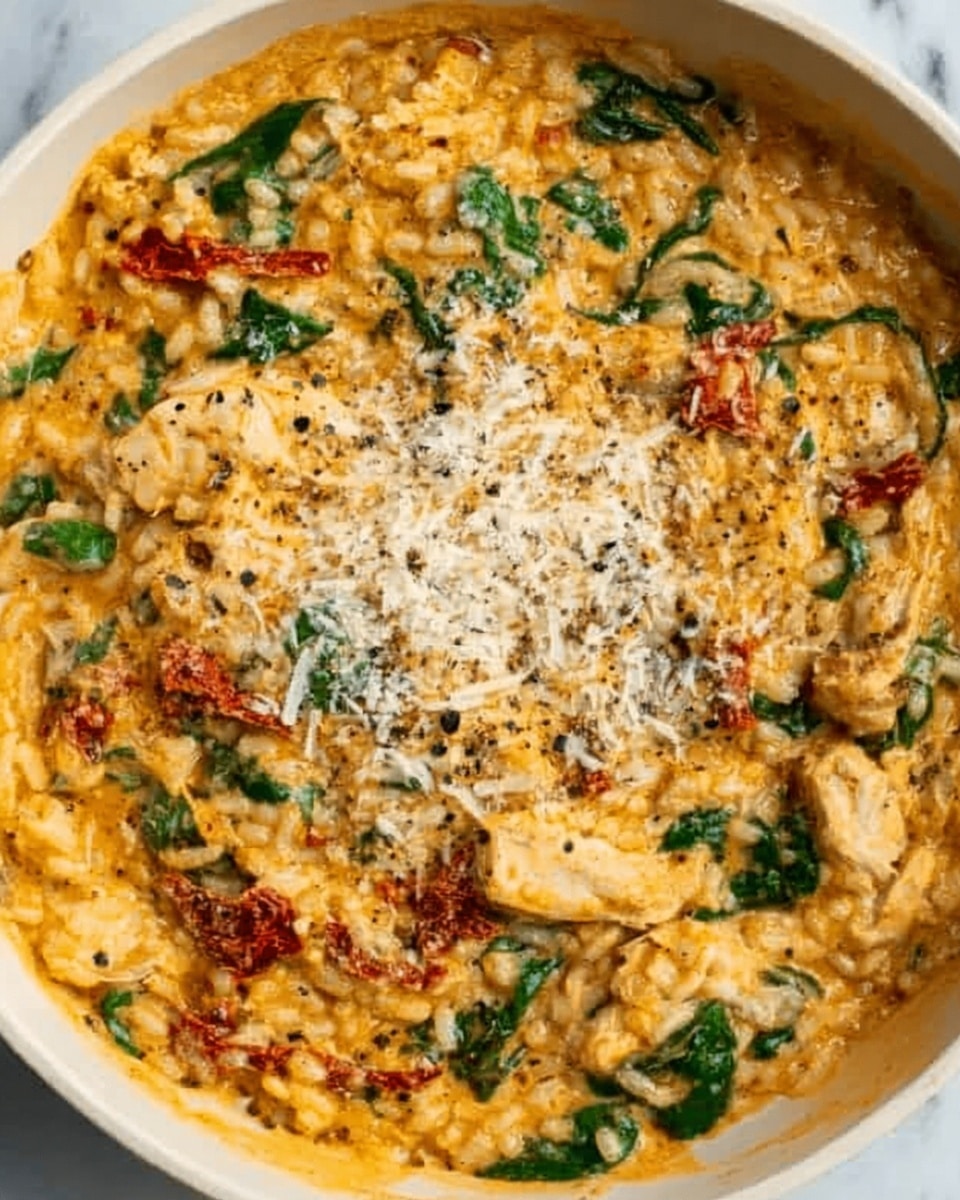 A close-up top view of a creamy risotto dish in a round white bowl, showing a rich, thick texture with orange color from the sauce, mixed with visible green spinach leaves scattered throughout. There are pieces of white chicken evenly spread inside, along with bits of sun-dried tomatoes adding pops of deep red. The center of the dish is topped with a sprinkling of finely grated cheese, creating a light cream-colored area with black pepper flakes on top. The bowl sits on a white marbled surface, emphasizing the vibrant colors of the risotto photo taken with an iphone --ar 4:5 --v 7
