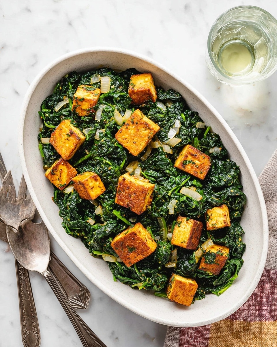The dish shows a white oval bowl filled with cooked spinach, dark green and slightly glossy, mixed with golden-brown cubes of tofu that have a light crispy texture on the outside. The tofu cubes are spread evenly on top and within the spinach, and you can see some small bits of onion mixed in, adding light beige spots throughout. Around the bowl, there are vintage silver fork and knife to the left and a clear glass of water to the upper right, all placed on a white marbled surface. The overall look is fresh and warm, with the contrast of the green spinach and the golden tofu making the dish inviting. Photo taken with an iphone --ar 4:5 --v 7