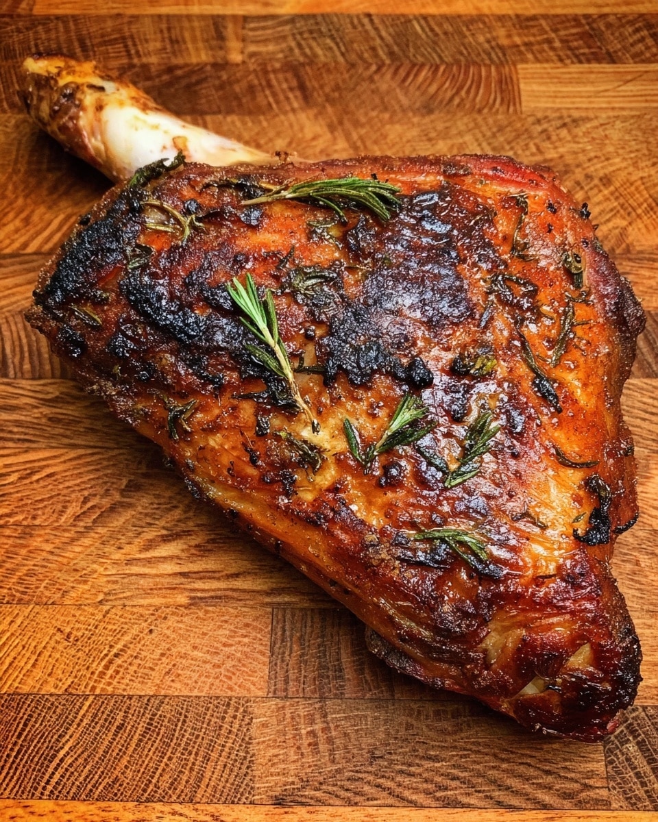 A large cooked meat leg with a bone on the top left side, showing a crispy golden-brown skin with dark char marks and small green rosemary sprigs scattered on the surface, placed directly on a wooden textured board with a warm brown color and visible grain patterns. photo taken with an iphone --ar 4:5 --v 7