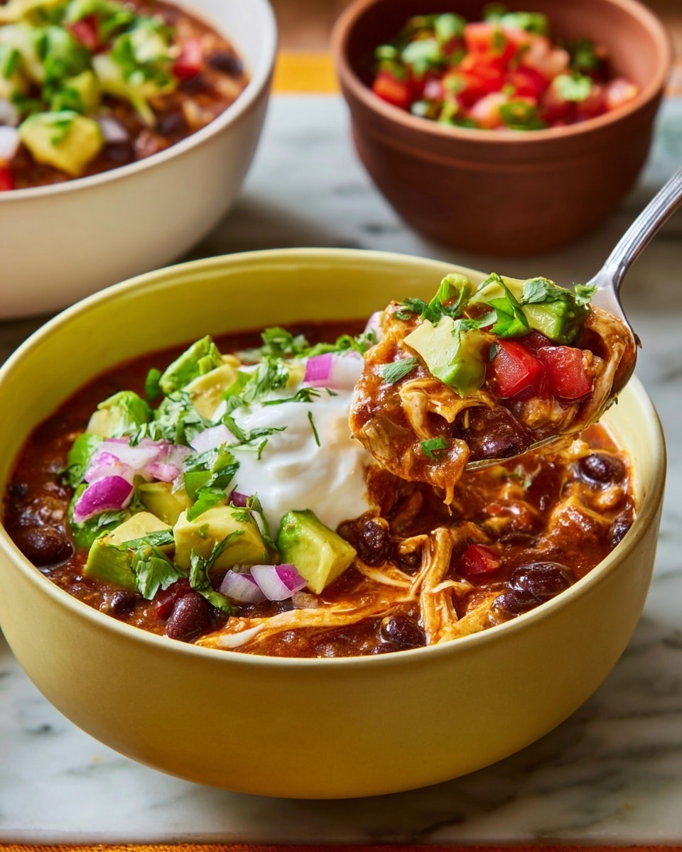 A close-up view of a white bowl filled with rich, dark orange-red soup with a slightly thick texture. The soup contains small pieces of red and green vegetables, dark beans, and fresh green cilantro leaves floating on the surface. A spoon is held above the bowl containing a scoop of the soup with bits of red onions and soft, wide pasta pieces visible. The bowl sits on a white marbled surface with a blurred colorful striped cloth in the background. Photo taken with an iphone --ar 4:5 --v 7