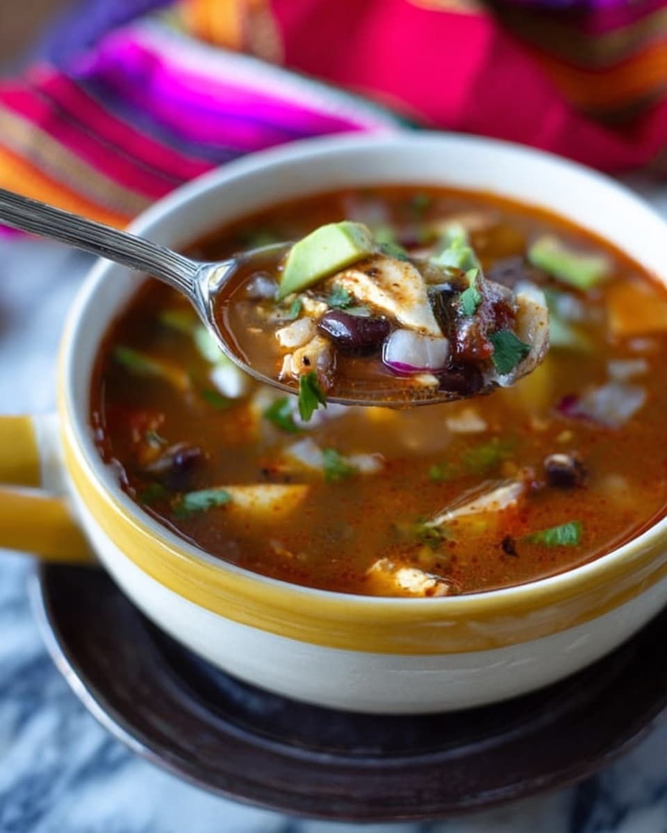 A close-up of a bowl filled with warm, reddish-brown soup containing various ingredients like small pieces of white chicken, black beans, chopped red onions, and slices of green avocado, all floating in a rich, clear broth. The bowl is white with a yellow rim and sits on a dark saucer on a white marbled surface, with a silver spoon lifting a spoonful of soup close to the camera. In the background, blurred colorful cloth with red, pink, and orange stripes adds a soft contrast. Photo taken with an iphone --ar 4:5 --v 7