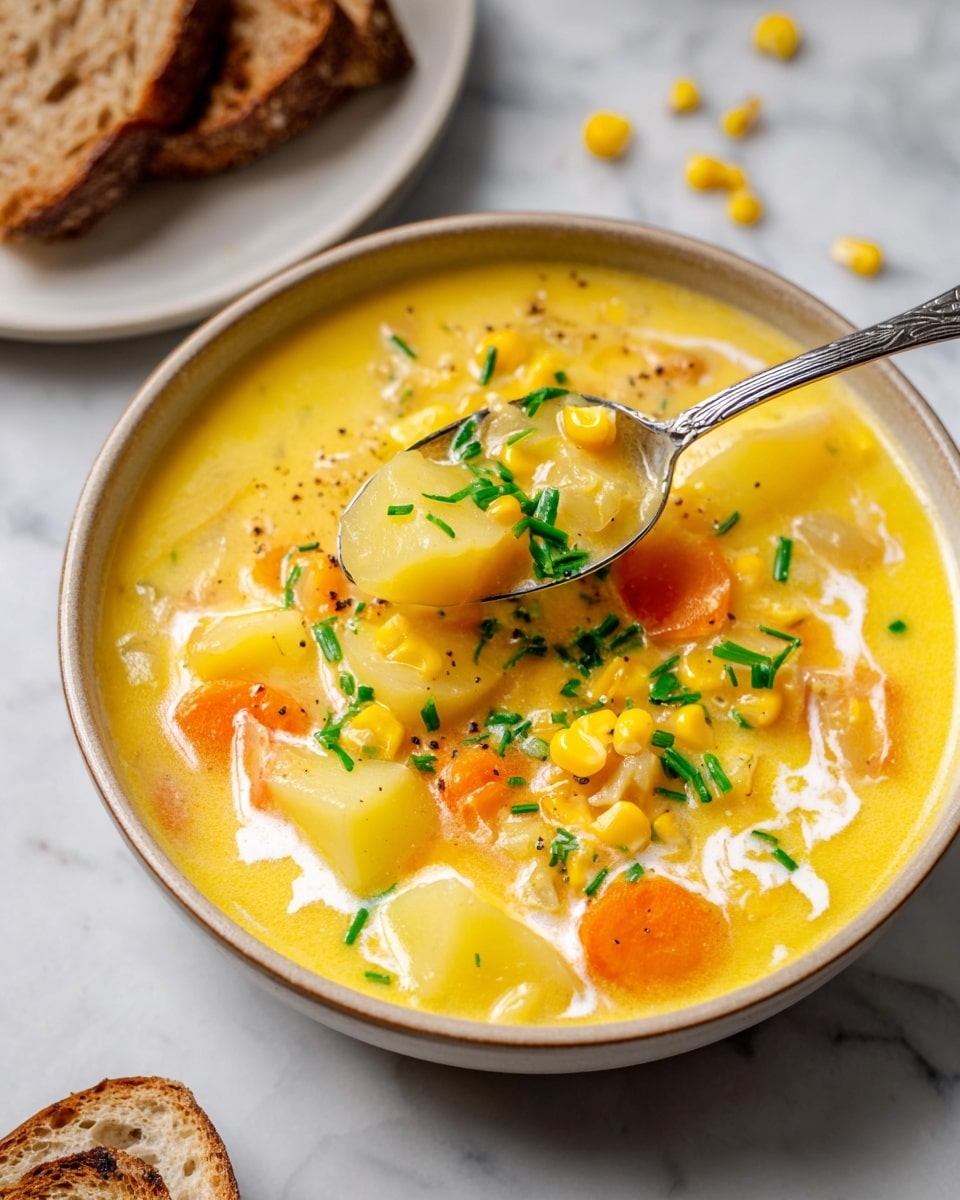 A close-up of a creamy corn chowder soup served in a beige bowl on a white marbled texture. The soup shows three main layers: a yellow-orange thick broth base with a smooth texture, large chunks of yellow potatoes and orange carrot slices scattered throughout, and pieces of shredded light chicken on top. Fresh green chopped chives and whole yellow corn kernels are sprinkled over the soup, along with dollops of white cream and a light sprinkle of black pepper. Nearby, there is a white bowl with corn kernels, another bowl with chopped chives, salted toasted bread, a silver spoon, and a striped cloth. The scene is brightly lit, presenting a fresh and inviting meal. photo taken with an iphone --ar 4:5 --v 7