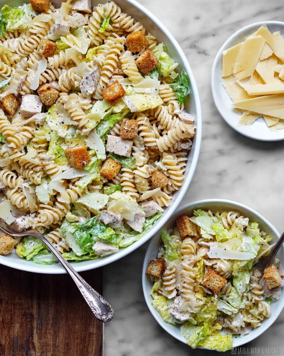 This image shows a close-up of a pasta salad with several layers: twisted rotini pasta in a light cream color forms the base layer, mixed with fresh green romaine lettuce pieces of varying sizes. Scattered among them are light golden-brown croutons with a crispy texture, and chunks of white meat with a smooth surface. Thin shavings of pale yellow cheese are spread evenly across the dish. The salad is coated lightly with creamy dressing, and black pepper flakes are sprinkled on top, giving a slight speckled effect. The background and plate are a white marbled texture. photo taken with an iphone --ar 4:5 --v 7