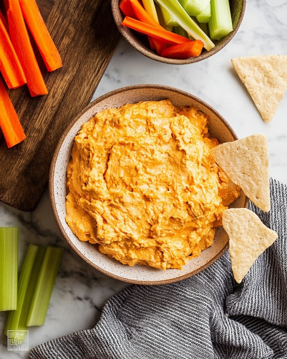 A bowl filled with a creamy, orange-colored dip with a thick texture sits in the center on a white marbled surface. The dip looks slightly chunky, and two light beige triangular chips are partially dipped into it from the right side of the bowl. Around the bowl, several carrot sticks and celery sticks are scattered, adding pops of bright orange and green. There is a second smaller bowl in the upper left corner also holding some dip with vegetable sticks next to it. A gray and white striped cloth is draped softly near the bottom right of the frame, creating a cozy setting. The photo taken with an iphone --ar 4:5 --v 7
