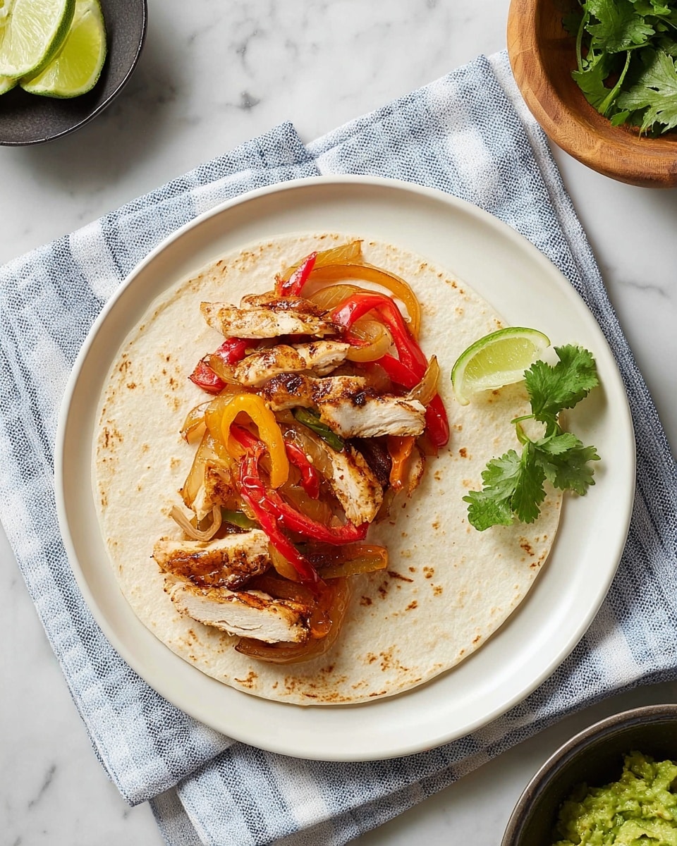 The image shows a white plate with a single soft flour tortilla on it. On top of the tortilla, there is one layer of grilled chicken strips that are golden brown with grill marks. Mixed with the chicken are thin slices of red and yellow bell peppers, translucent cooked onions, and small pieces of red tomatoes. A lime wedge and a few fresh green cilantro leaves sit on the right side of the tortilla for garnish. The plate rests on a white marbled surface with a blue and white striped cloth partially visible under the plate. Nearby, there is a small dark bowl with lime wedges and a wooden bowl with mashed green avocado. Photo taken with an iphone --ar 4:5 --v 7