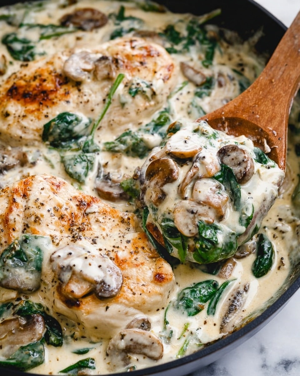 The image shows thick pieces of light brown cooked chicken covered with a creamy white sauce that has a smooth texture. On top and around the chicken pieces are dark brown mushroom slices and dark green spinach leaves, all coated well in the sauce. The sauce has some black pepper sprinkled on it, adding small black dots throughout. The dish is in a white bowl, and a wooden spoon is visible on the right side, partially lifting one piece of chicken. The background is a white marbled surface. photo taken with an iphone --ar 4:5 --v 7