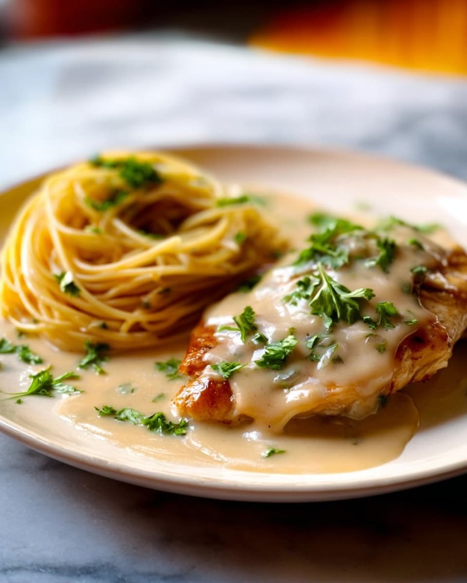 The image shows a dish served on a white plate with a slight shine, placed on a white marbled surface. On the right side of the plate, there is a piece of cooked chicken with a light golden brown color, topped with a thick beige creamy sauce that slightly pools around its base. On the left side of the plate, a small nest of light yellow cooked spaghetti is partially covered with the same creamy sauce. Both the chicken and spaghetti are garnished generously with small, fresh green parsley leaves. The lighting is warm and highlights the textures of the sauce and pasta clearly. Photo taken with an iphone --ar 4:5 --v 7