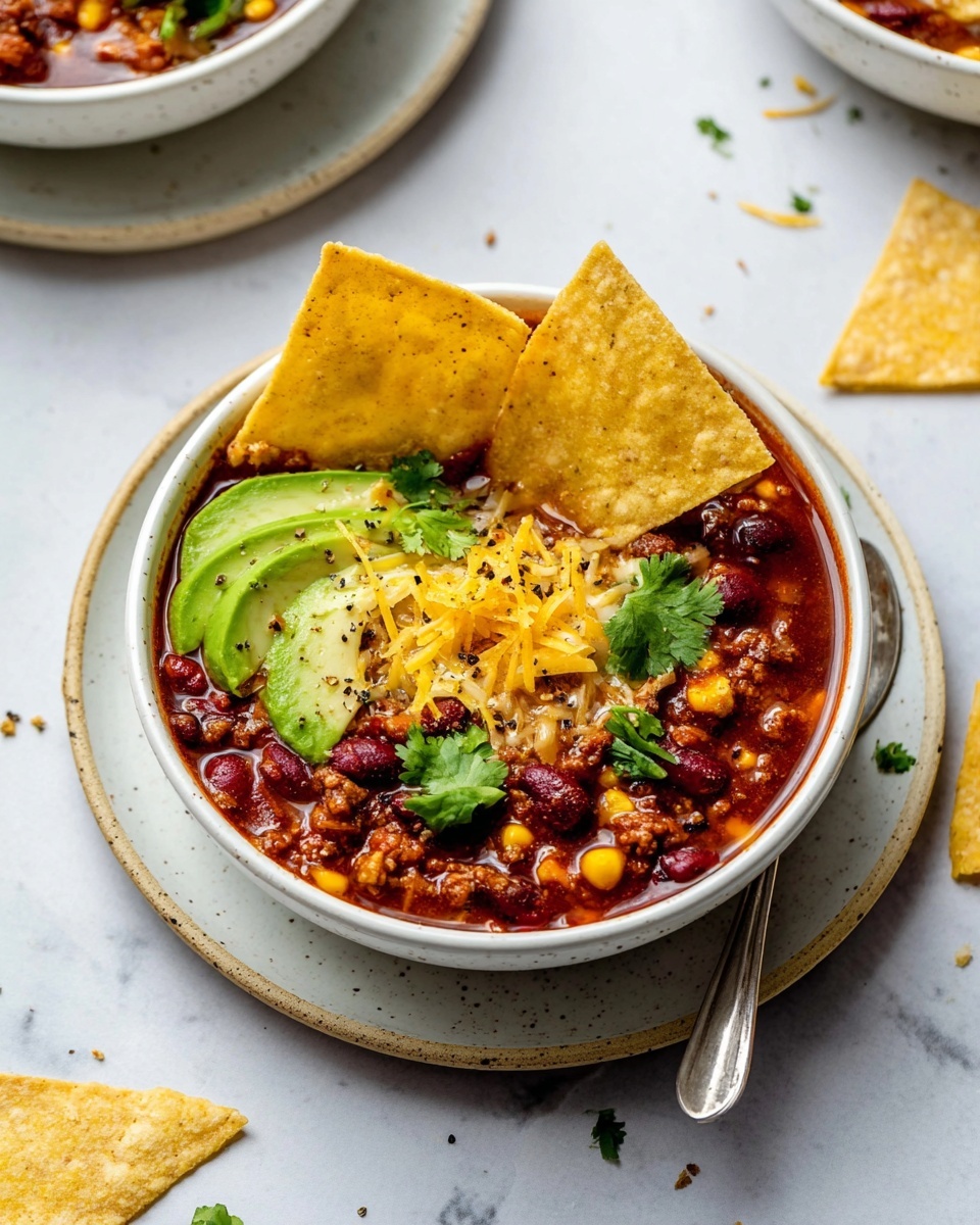 A white bowl filled with thick chili showing layers of red beans, yellow corn, and brown ground meat in a dark red sauce, topped with bright yellow shredded cheese and three slices of light green avocado sprinkled with black pepper, fresh green cilantro leaves scattered on top, and three large yellowish tortilla chips standing upright inside the bowl, placed on a white speckled plate with a silver spoon inside the bowl, all on a white marbled surface with broken tortilla chip pieces around, photo taken with an iphone --ar 4:5 --v 7