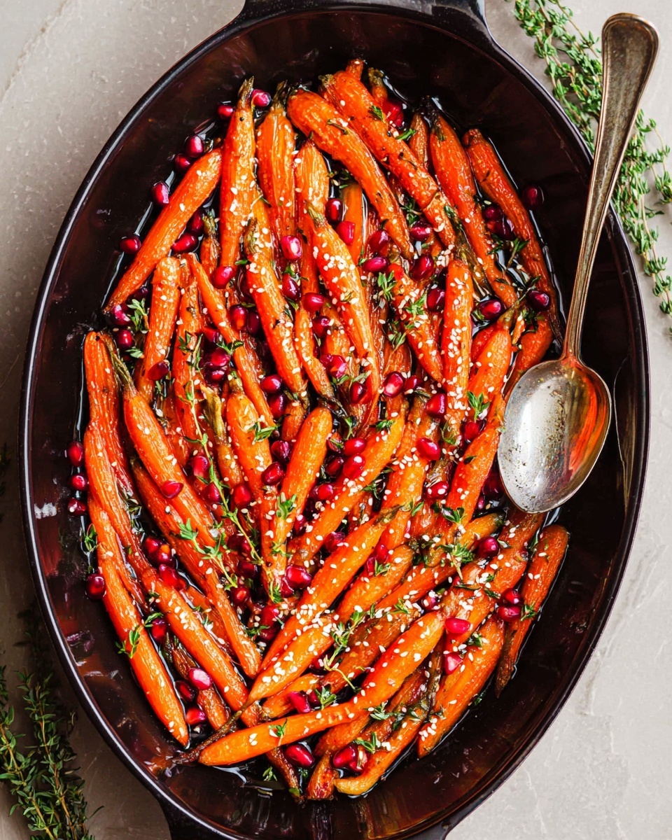 The image shows a close-up of a dish with roasted carrots that are bright orange and slightly shiny with a soft texture. The carrots are arranged closely together in a black skillet, sprinkled with small white sesame seeds and scattered red pomegranate seeds. Small green herb pieces are spread over the carrots, adding spots of green throughout. The background is a white marbled texture. The lighting highlights the glossy and fresh look of the carrots and toppings photo taken with an iphone --ar 4:5 --v 7