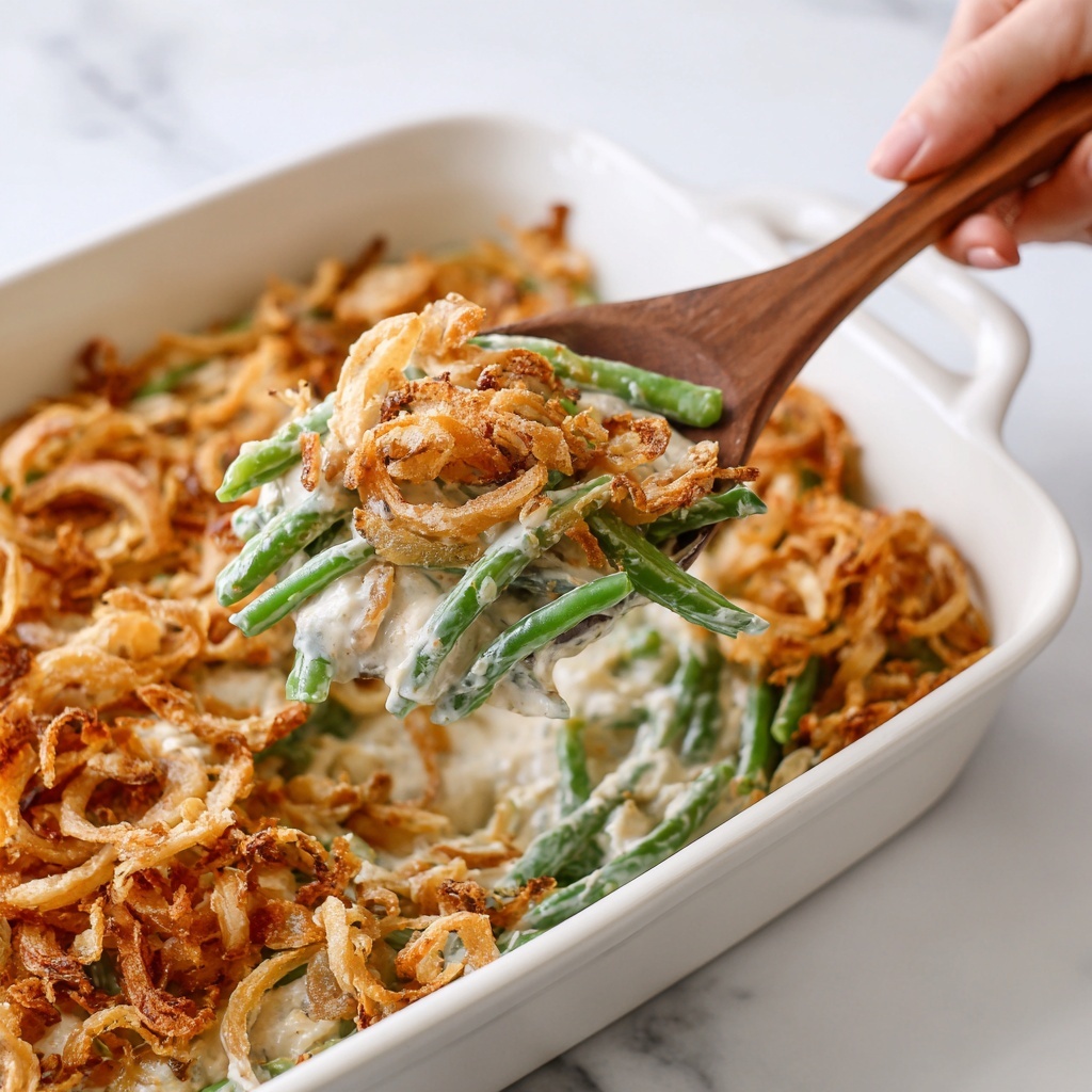 A white rectangular baking dish filled with a creamy green bean casserole. The bottom layer is made of soft green beans with a light green color, mixed in creamy white sauce visible through the beans. The top layer is golden brown, crispy fried onion rings spread evenly across the whole surface of the casserole. The dish sits on a white marbled surface next to two small white bowls, one containing salt and the other black pepper. Photo taken with an iphone --ar 4:5 --v 7
