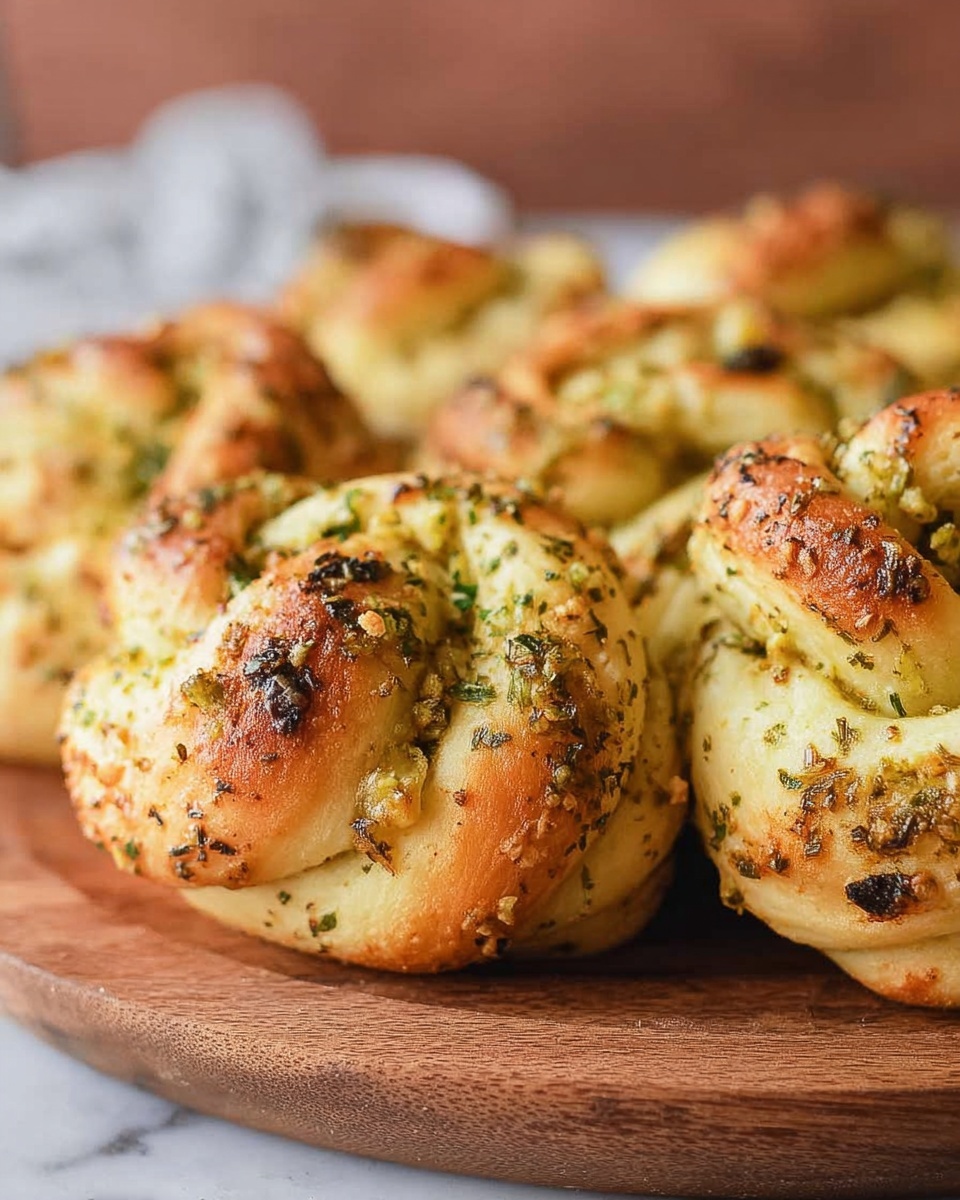 The image shows a round black baking pan filled with golden brown pull-apart rolls arranged closely together in one layer. Each roll is round and has a slightly uneven puffy surface with bits of herbs and melted cheese sprinkled on top, giving a textured look with green, white, and light brown colors spread all over. The pan sits on a round wooden board placed on a white marbled surface. The rolls appear soft and freshly baked with a slightly shiny top from butter or oil photo taken with an iphone --ar 4:5 --v 7