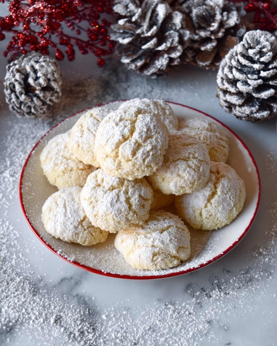 A white plate with a red trim holds a pile of round, light yellow cookies dusted with powdered sugar, giving them a soft, snowy look. The cookies have a slightly rough texture on top, and there are about two layers of them stacked loosely. Around the plate on a white marbled surface are some pinecones also dusted with powdered sugar, creating a wintery and festive scene. The powdered sugar is scattered lightly over the plate edges and surface around it. Photo taken with an iphone --ar 4:5 --v 7