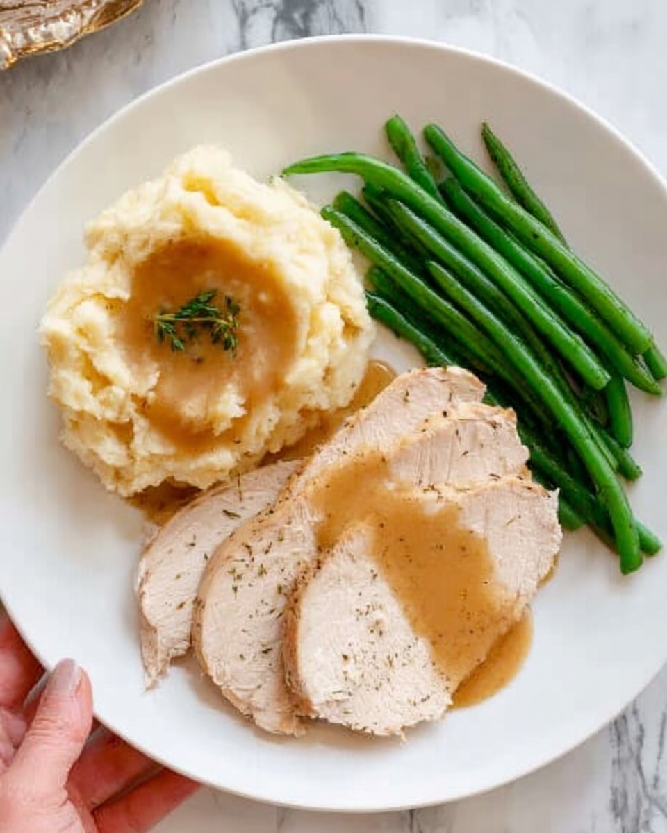A white plate holds three main items arranged side by side on a white marbled surface. On the left side, a serving of mashed potatoes with a smooth, creamy texture is topped with a brown gravy and a small sprinkle of green herbs. In the center, two slices of pale, cooked turkey lay slightly overlapped, covered with a layer of light brown gravy. On the right side, a neat bundle of bright green steamed green beans finishes the plate. A woman's hand is seen holding the edge of the plate. photo taken with an iphone --ar 4:5 --v 7