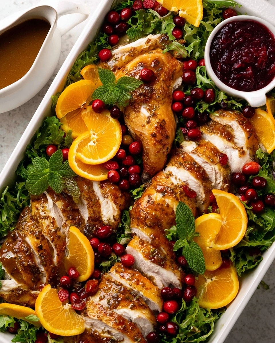 The image shows a sliced cooked chicken on a white plate, with its golden-brown skin visible and the inside meat white and juicy. On top of the chicken are several bright red cranberries that add a pop of color. Around the chicken, there are fresh green watercress leaves scattered to give a fresh look. At the top right, some orange wedges add bright orange and yellow tones, contrasting nicely with the chicken and cranberries. The whole dish is set on a white marbled surface that enhances the colors of the food, photo taken with an iphone --ar 4:5 --v 7