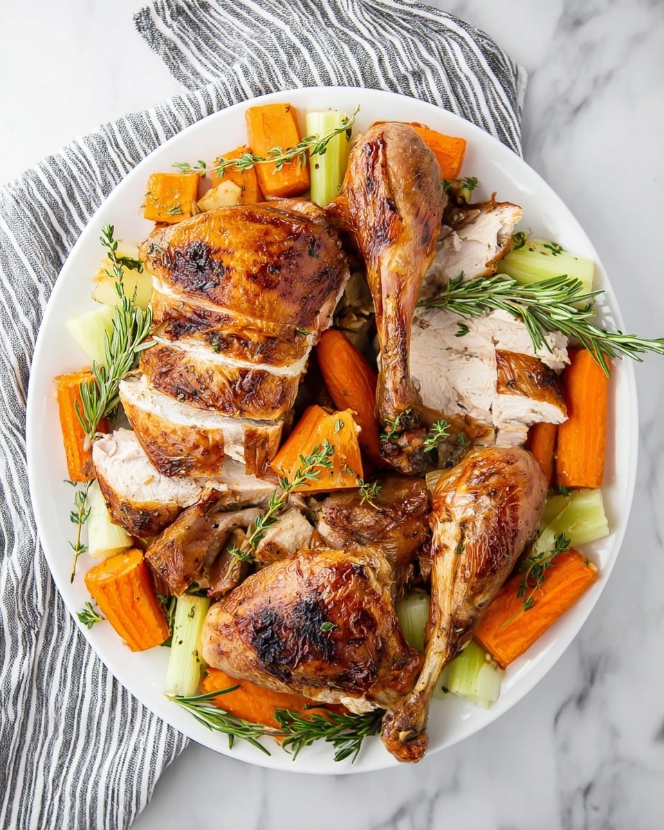 A white plate holds a roasted turkey, sliced into several pieces with golden brown skin and some darker roasted spots. There are two whole drumsticks placed on top, and around them are various chunks of white turkey meat. Large, soft carrot pieces are scattered across the plate, mixed with short celery sticks. Sprigs of green rosemary and thyme are placed among the vegetables. Everything sits on a white marbled surface, with a striped gray and white cloth nearby. Photo taken with an iphone --ar 4:5 --v 7