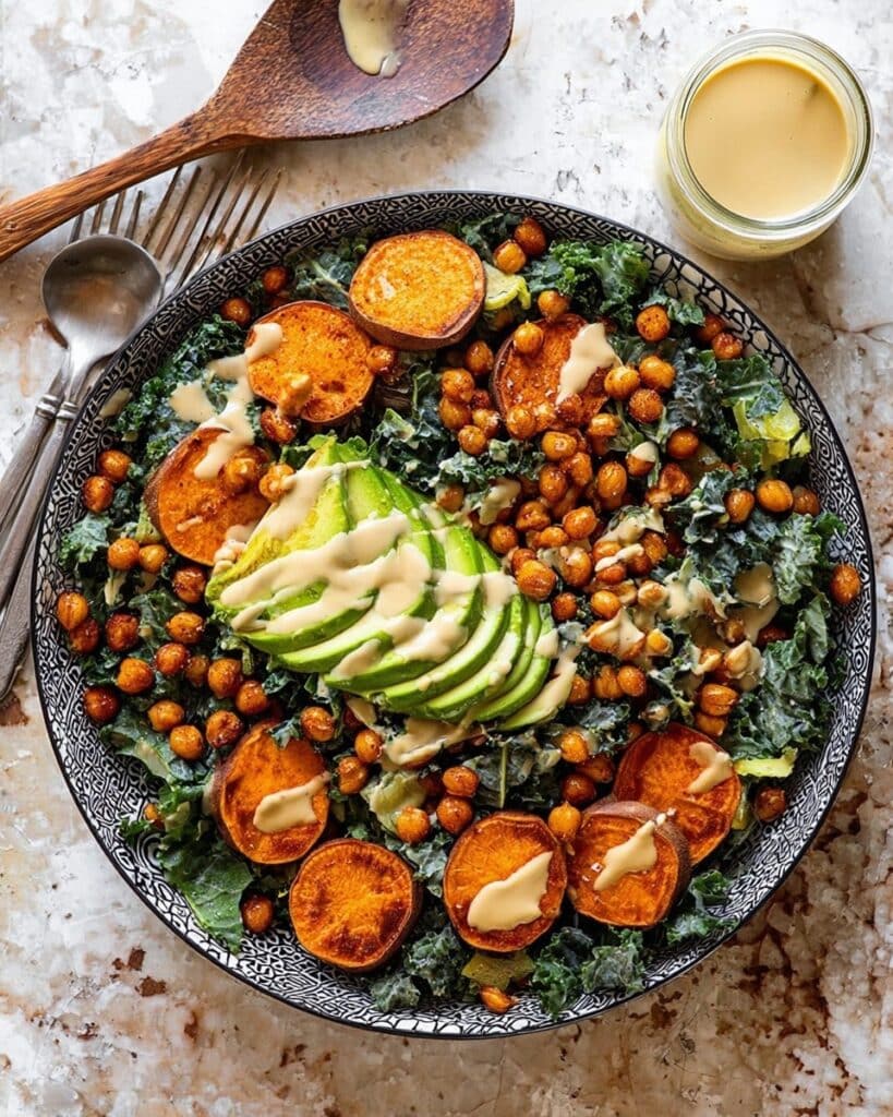 Kale Caesar Salad with Sweet Potatoes and Crispy Chickpeas Recipe