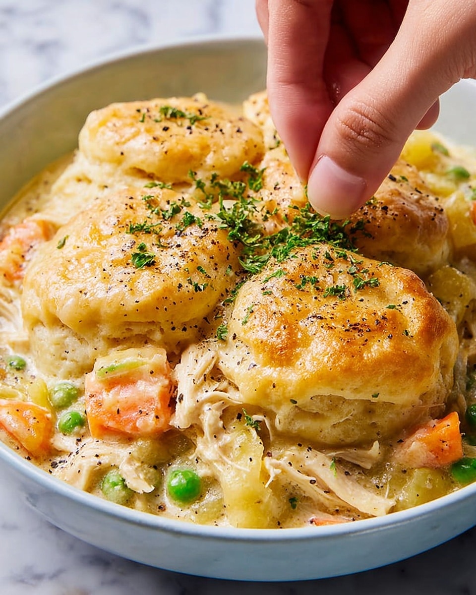 A close-up view of a creamy dish in a white bowl showing three layers of light golden biscuits on the top, with a soft texture and slightly browned edges. Below the biscuits, there is a thick, creamy mixture with visible small pieces of shredded white chicken and bright orange carrot chunks, along with green peas scattered throughout. Small green herb pieces are sprinkled on top along with cracked black pepper. A woman's hand is seen gently placing some green herbs on the top. The dish is against a white marbled surface. photo taken with an iphone --ar 4:5 --v 7