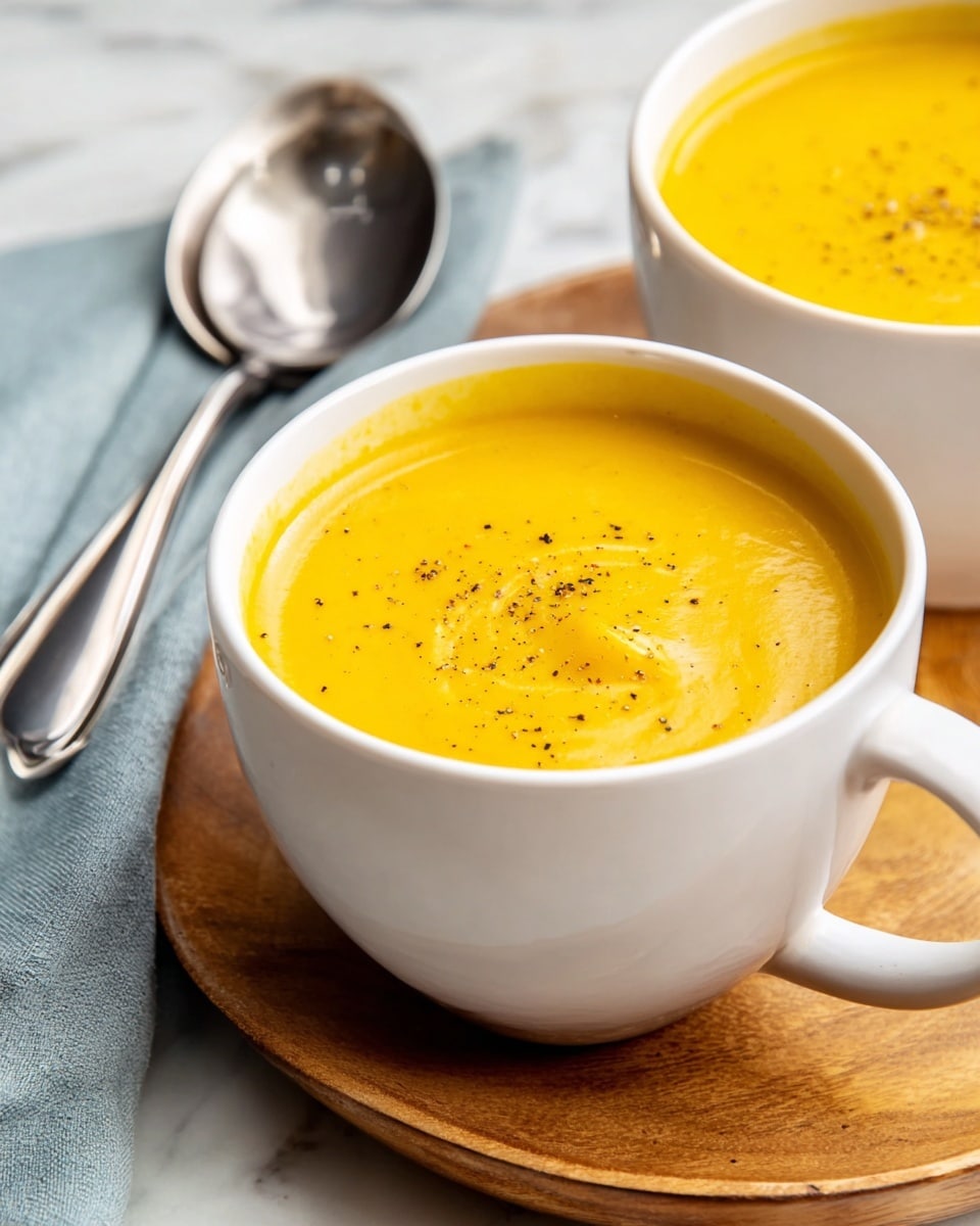 A white cup filled with smooth bright orange-yellow soup topped with a few sprinkles of black pepper, sitting on a round wooden tray. Another white cup with the same soup is partly visible in the background. On the left side, two silver spoons rest on a folded light blue cloth, all placed on a white marbled surface. The soup looks creamy and thick, filling the cup close to the rim. photo taken with an iphone --ar 4:5 --v 7