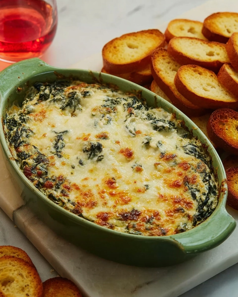 A green oval baking dish filled with a baked spinach and cheese mixture that has a golden brown bubbly top layer with bits of green spinach leaves visible underneath. The dish sits on a white marbled surface next to a stack of golden toasted bread slices arranged casually. A glass with a reddish liquid is partially visible on the left side of the image. photo taken with an iphone --ar 4:5 --v 7