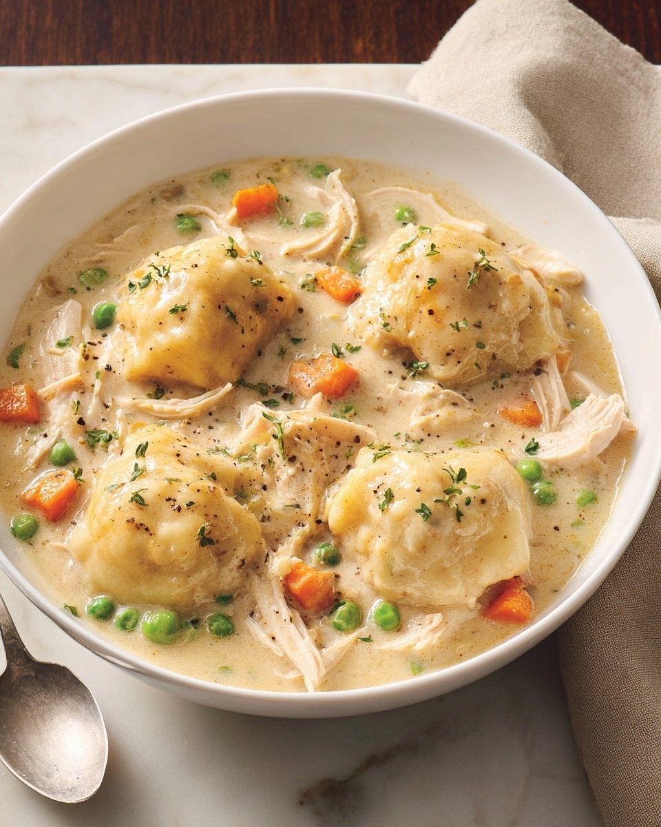 A white bowl filled with three golden-brown dumplings sitting on top of a creamy beige sauce that has visible small pieces of shredded chicken. Mixed within the sauce are orange carrot cubes, green peas, and small bits of herbs sprinkled across the top. The surface beneath the bowl is a white marbled texture, and a spoon rests next to the bowl with a beige napkin nearby. The dish looks warm and comforting, with a soft texture overall. photo taken with an iphone --ar 4:5 --v 7