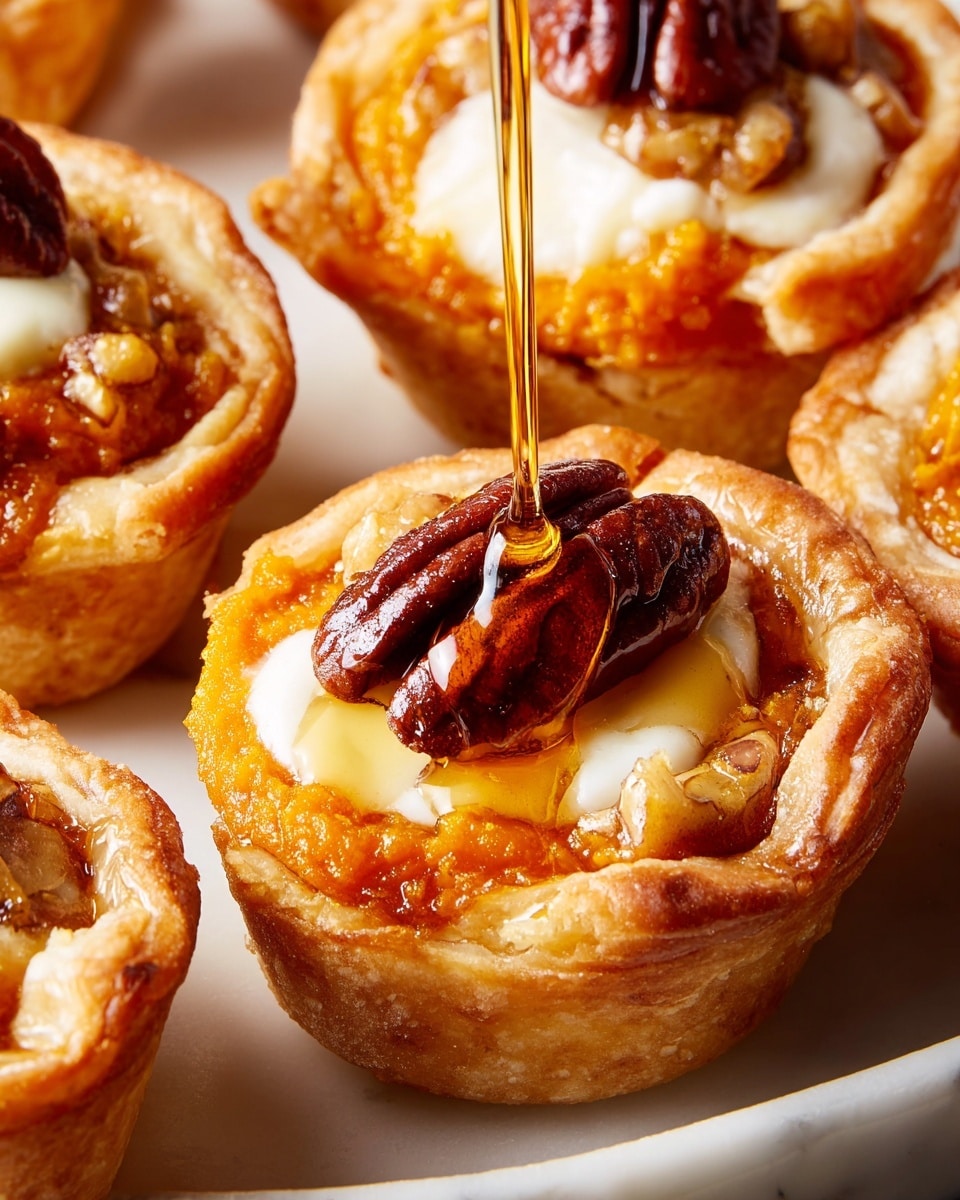 The image shows small tart-like pastries arranged closely on a white marbled surface. Each pastry has a golden-brown crust that is slightly folded and textured. Inside, there is a layer of orange pumpkin filling with a rough texture, topped with a soft melted layer of white cheese. On the very top, a shiny, dark brown pecan half sits in the middle of each tart. Above one tart, a stream of golden syrup is being poured, adding a glossy shine to the pecan and filling. photo taken with an iphone --ar 4:5 --v 7