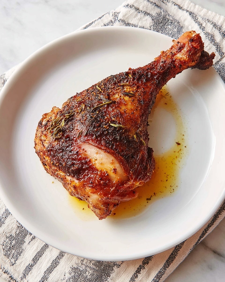 A single roasted chicken leg sits at the center of a white plate, showing a dark brown, crispy skin with a mix of spices and herbs giving it texture. The top part has a lighter, slightly shiny area where the skin is thinner, revealing a pinkish tone underneath. A small pool of golden oil rests just beneath the chicken leg on the plate. The plate is placed on a white marbled surface with a striped cloth nearby. Photo taken with an iphone --ar 4:5 --v 7