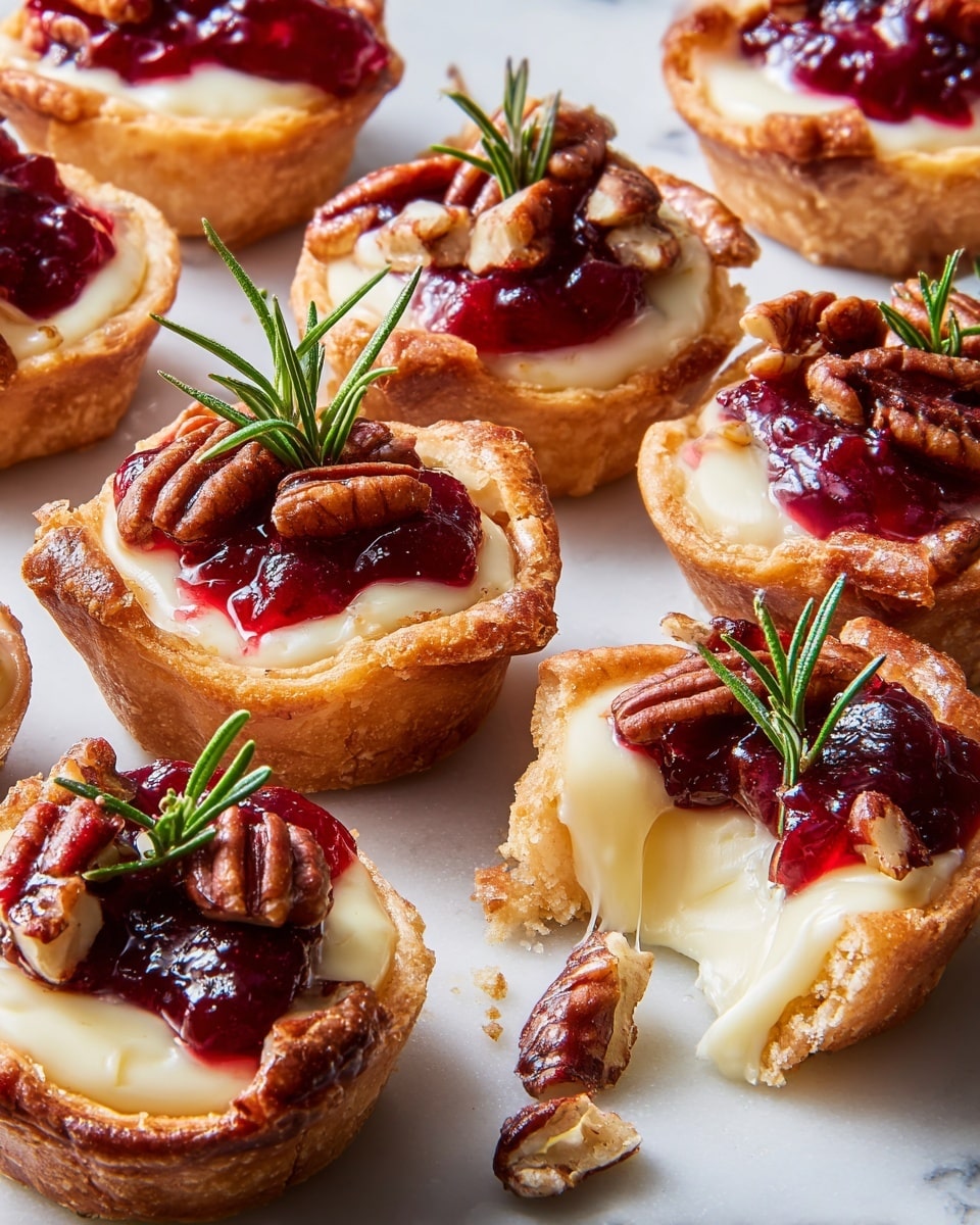 Small golden brown tart shells filled with creamy off-white melted cheese sitting in the center, topped with bright red cranberry sauce with a shiny texture, and garnished with whole and chopped pecans showing their dark brown ridged surfaces. Each tart is also decorated with a small fresh green rosemary sprig standing upright, adding a touch of green contrast. The tarts are placed close together on a white marbled surface, with some crumbs scattered around adding a rustic feel. One tart is shown broken with cheese stretching slightly out. Photo taken with an iphone --ar 4:5 --v 7