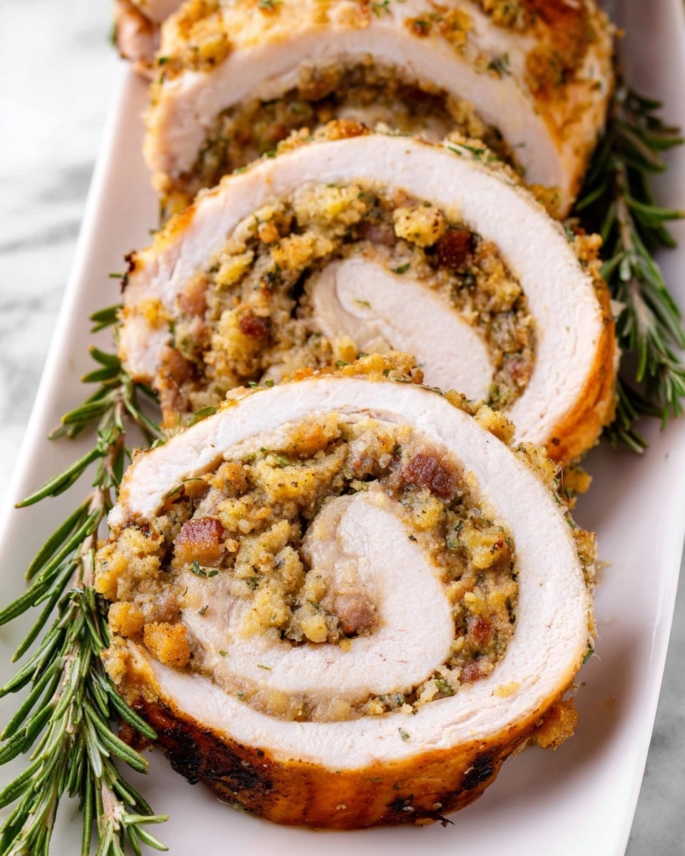 The image shows three thick slices of rolled turkey meat stuffed with a crumbly, golden-brown stuffing mixture that includes small chunks of sausage and herbs. Each slice has a smooth outer layer of white turkey meat with a lightly browned surface, wrapping tightly around the textured stuffing that fills the center in a spiral pattern. Fresh rosemary sprigs sit beside the slices on a white plate, which rests on a white marbled surface. The colors range from the warm golden browns of the stuffing to the creamy white of the turkey meat, with flecks of green herbs adding contrast. photo taken with an iphone --ar 4:5 --v 7