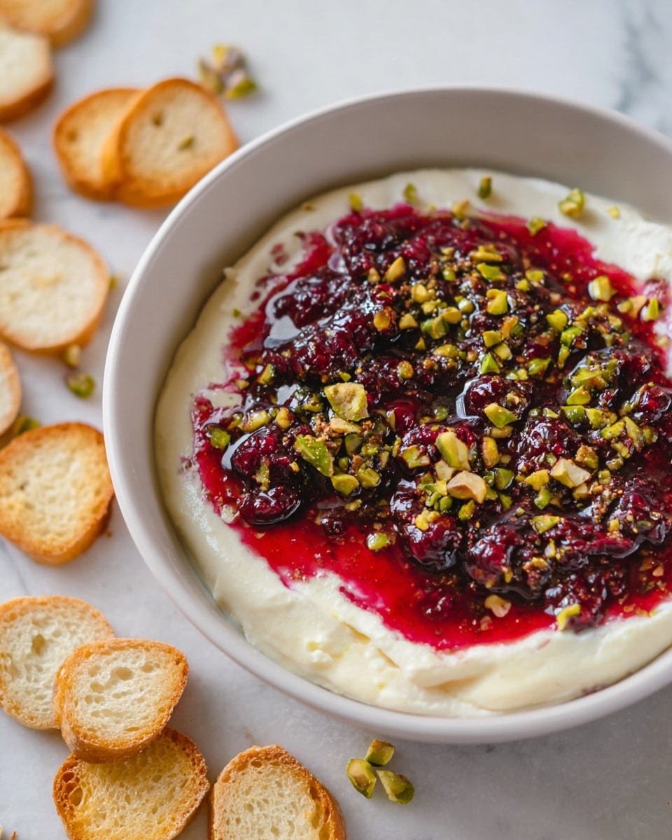A round white bowl holds three main layers. The bottom layer is creamy and white with a smooth texture, spread evenly across the bowl. On top of this is a thick, uneven layer of bright red berry sauce, showing chunks and glossy areas. The top layer is sprinkled with chopped pistachios, adding green and brown colors and a rough texture. Around the bowl on a white marbled surface, there are small sliced round toasted bread pieces scattered loosely. Photo taken with an iphone --ar 4:5 --v 7