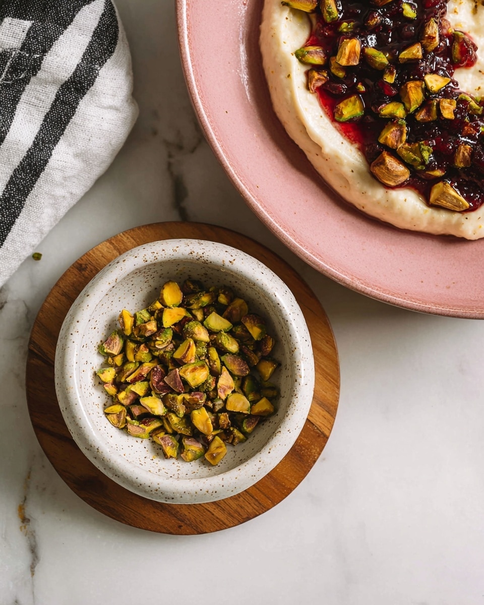 The image shows a close-up of a small white speckled bowl filled with chopped pistachios, placed on a round wooden coaster on a white marbled surface. Next to it, a pink plate holds a creamy layer of light beige hummus spread evenly, topped with a dark red, slightly glossy jam or sauce that has pieces of pistachios sprinkled over it. In the top left corner, a striped black and white cloth is partly visible. Photo taken with an iphone --ar 4:5 --v 7