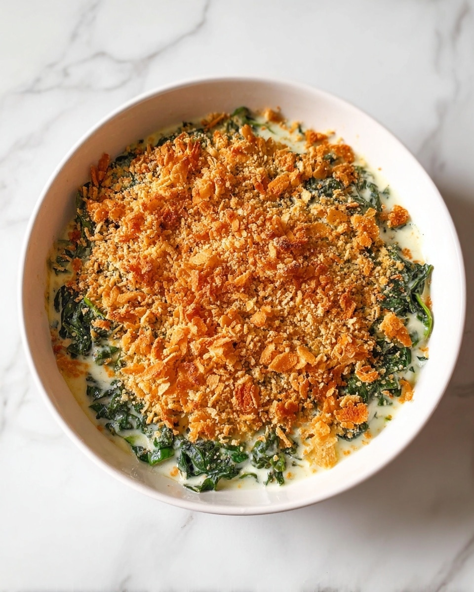 The dish shows one layer of creamy, cooked green leafy vegetables mixed with a smooth white sauce, filling the bottom of a white bowl; on top, there is a thick, even layer of golden brown, finely crumbed topping covering the whole surface. The bowl sits on a white marbled surface. photo taken with an iphone --ar 4:5 --v 7