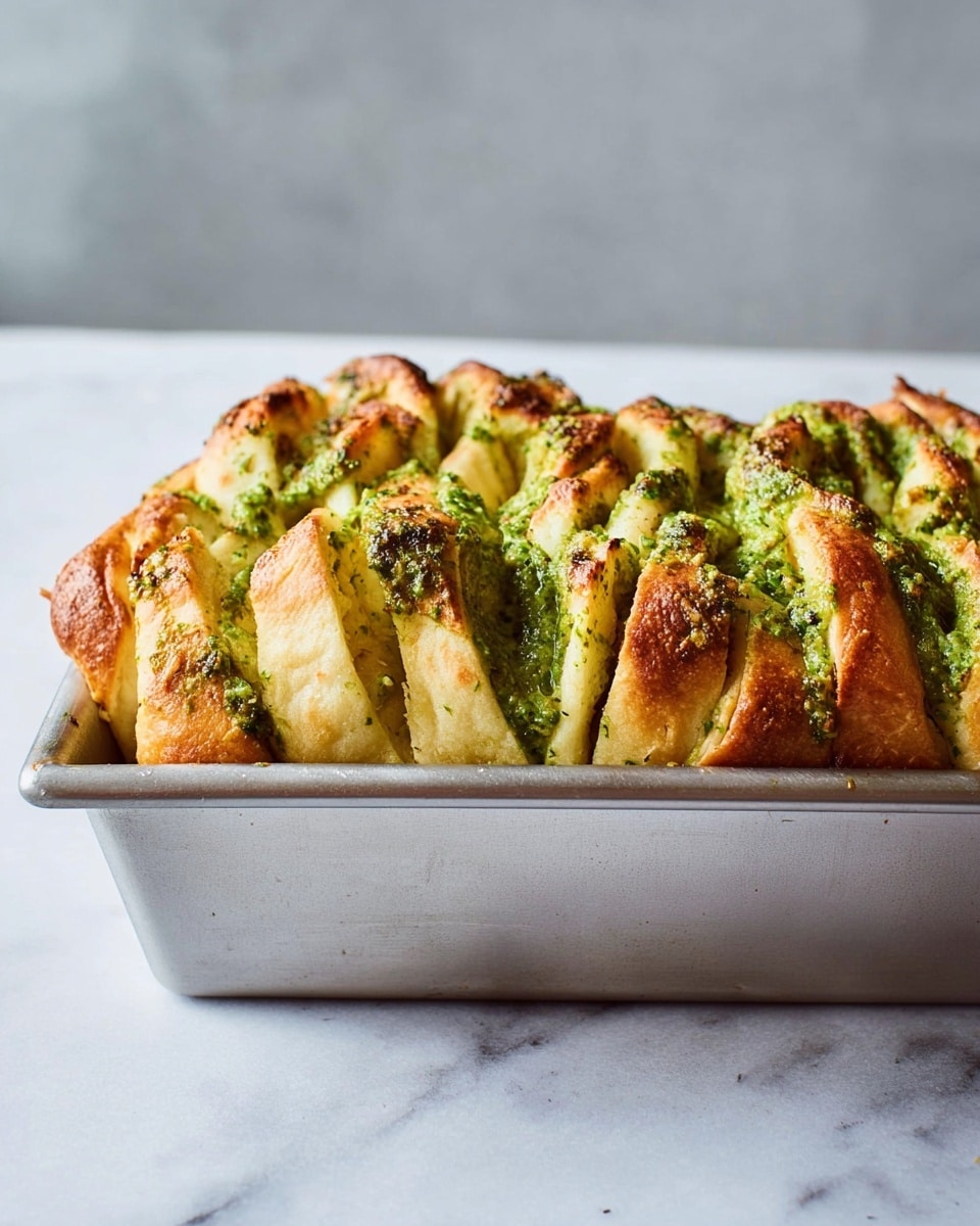 The image shows a loaf of pull-apart bread in a metal baking pan with a soft golden-brown top. The bread consists of many layered strips that are twisted and stacked close together, oozing with a bright green sauce spread between the layers. The texture of the bread looks fluffy and slightly crispy at the edges while the green sauce, likely pesto, adds a fresh, moist look. The pan sits on a white marbled surface with a soft blurred background. Photo taken with an iphone --ar 4:5 --v 7