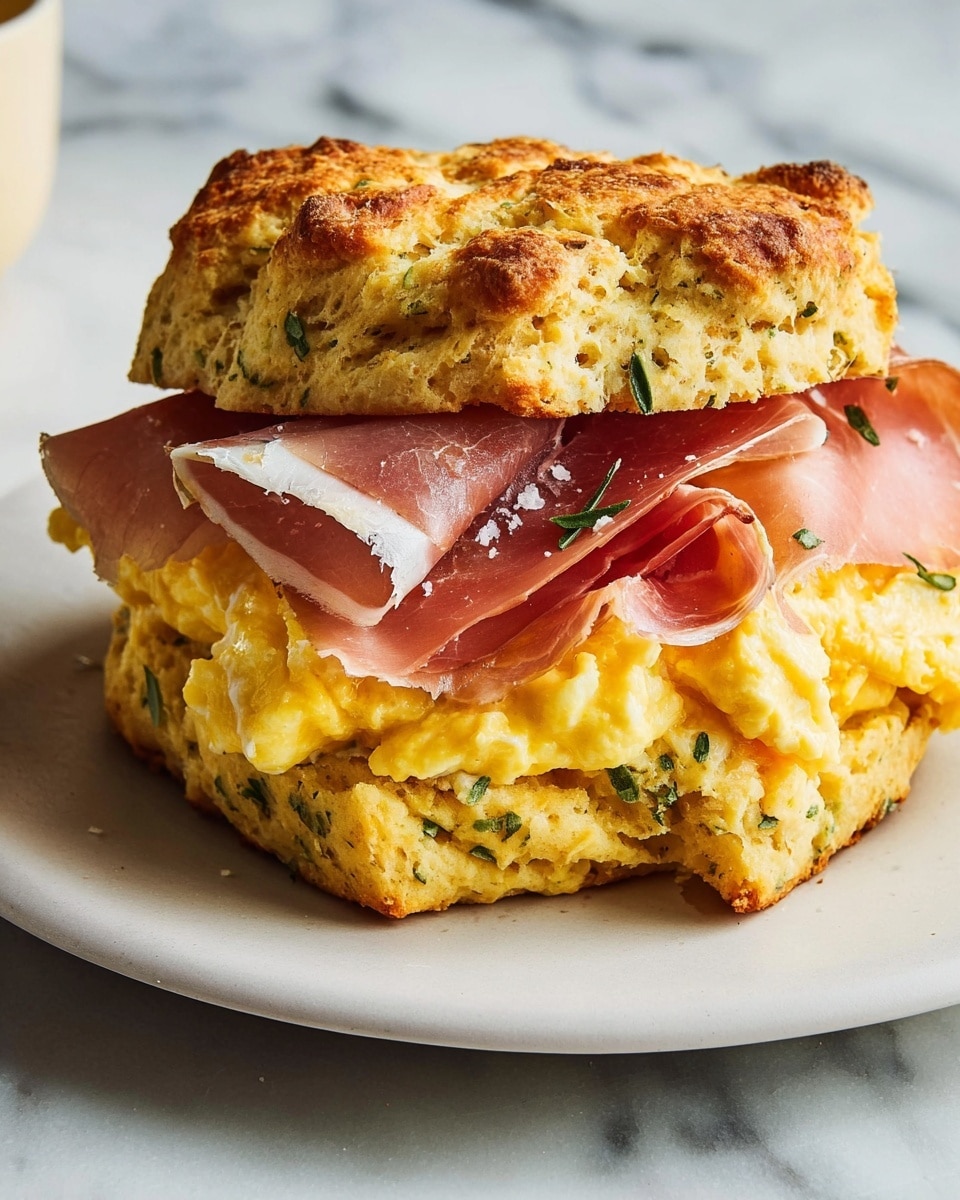 A sandwich is shown on a white plate placed on a white marbled surface. The sandwich has three main layers: the bottom and top layers are thick, golden-brown biscuits with visible green herbs and a slightly rough texture. The middle layer consists of soft, scrambled eggs with a bright yellow color and a creamy texture. Above the eggs, there are thin slices of pink prosciutto that have a delicate, slightly shiny surface and gentle folds. The top biscuit is slightly lifted, showing the layers inside clearly. Photo taken with an iphone --ar 4:5 --v 7