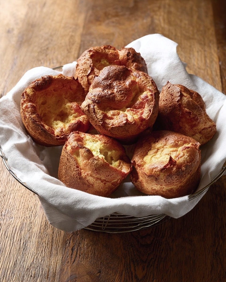 A wire basket lined with a white cloth holds seven golden brown popovers with an uneven, puffed-up texture showing some darker toasted spots and lighter, soft centers. The popovers have rough, rustic surfaces with some large holes and cracks, and their irregular shapes overlap naturally in the basket. The wire basket sits on a wooden surface with visible grain patterns. photo taken with an iphone --ar 4:5 --v 7