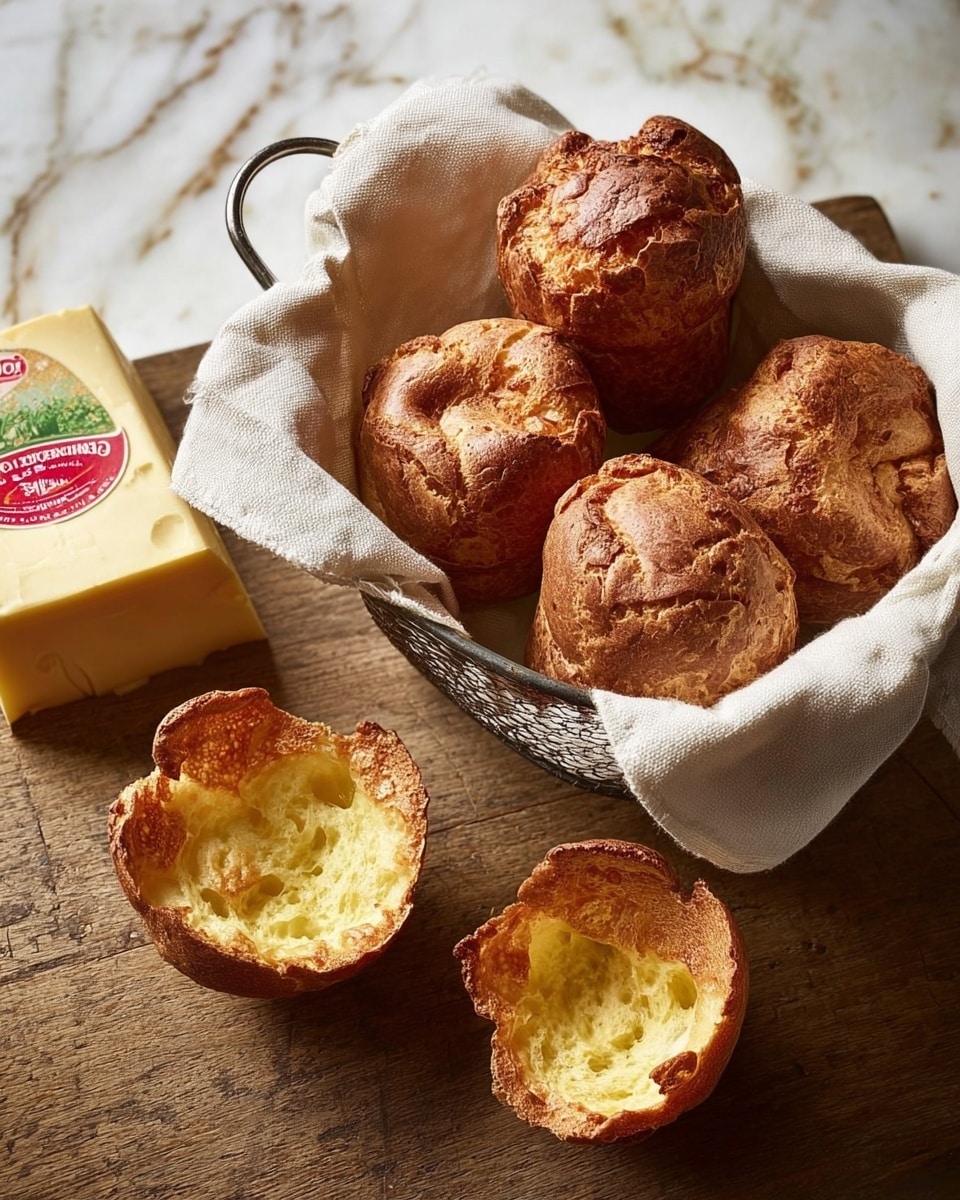A wire basket lined with a cream cloth holds six puffy, golden-brown popovers with a rough, uneven surface texture and hollow interiors visible in one split popover placed beside the basket on a wooden table. The popovers show a mix of lighter yellowish inside and browned outer crusts, suggesting a light, airy softness inside contrasting with the crisp outer layer. To the left, a block of pale yellow cheese with a red and green label sits on the wood, adding a rustic touch. The whole scene rests on a white marbled texture. photo taken with an iphone --ar 4:5 --v 7