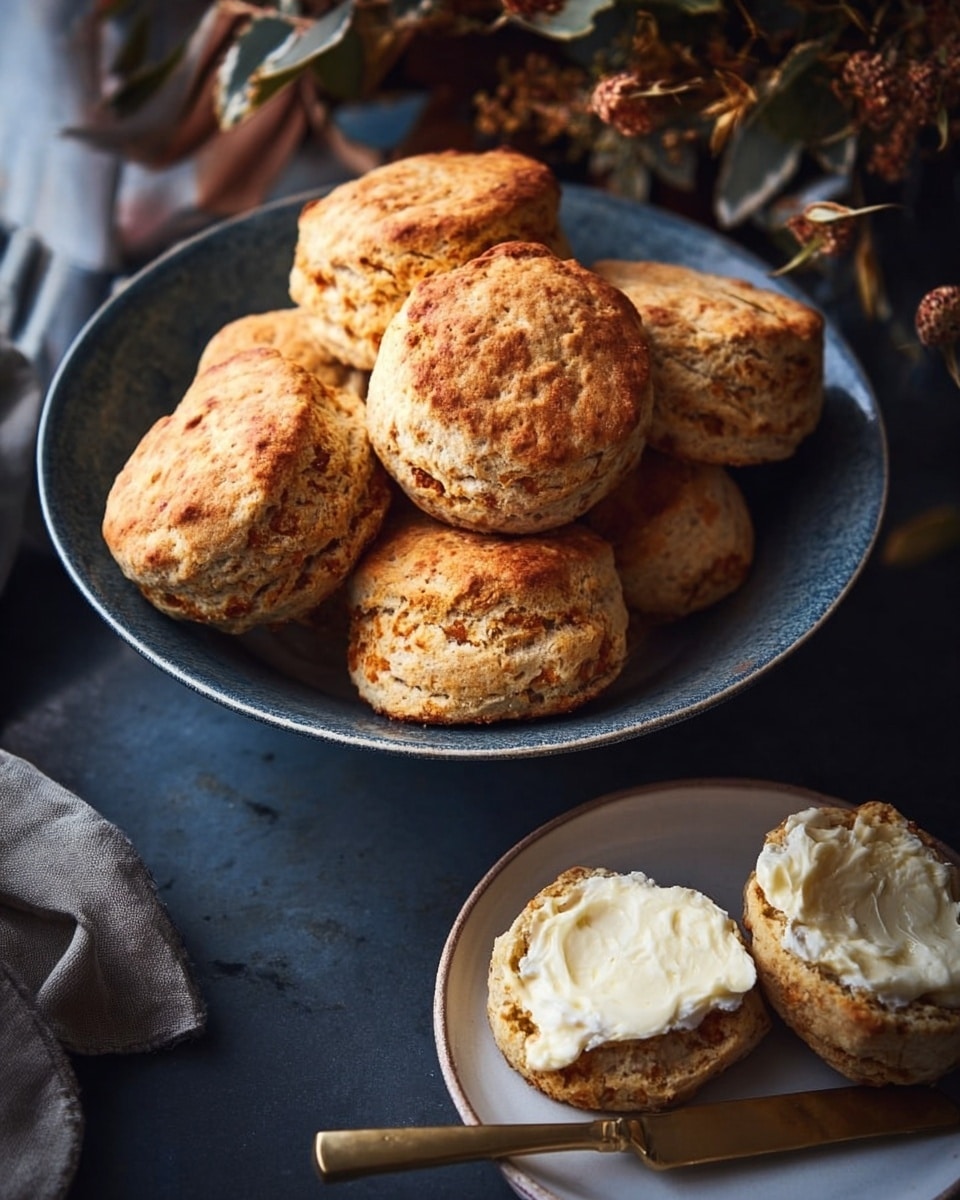 A dark blue bowl holds about eight round, golden brown scones with a slightly rough texture and some darker spots, piled casually. Below it, a white plate contains one scone cut in half with a thick layer of pale butter spread on the bottom half, and the top half resting beside it. A gold and white knife is beside the scone on the plate. The setting is on a dark surface with some dried flowers nearby. photo taken with an iphone --ar 4:5 --v 7