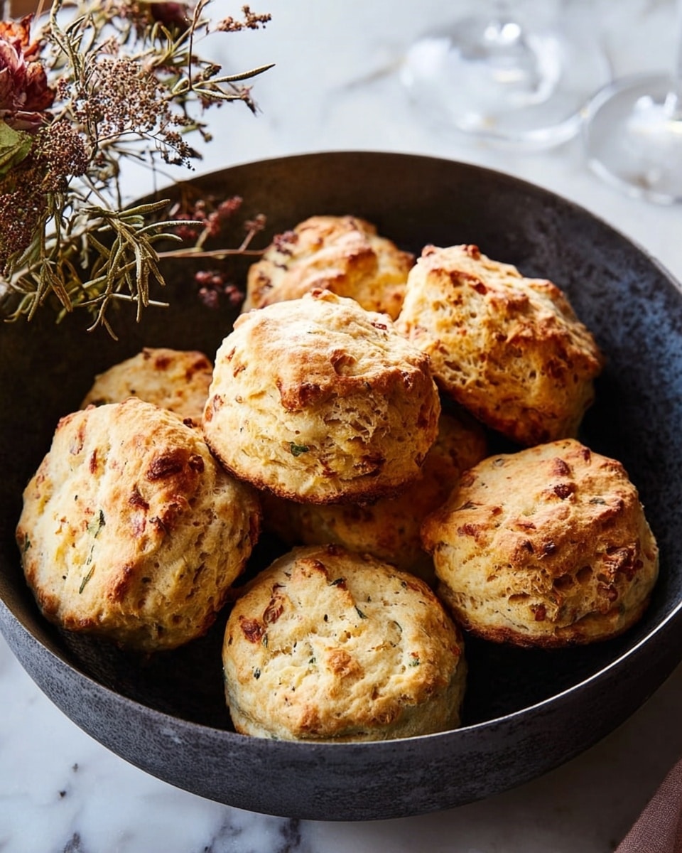 A bowl filled with eight golden-brown biscuits, each round with a slightly rough and flaky surface showing bits of herbs and small pieces inside. The biscuits have a mix of light tan and darker toasted patches, stacked lightly on top of each other inside a dark bowl. The bowl sits on a white marbled surface, with some dried flowers visible on the left side and the base of two wine glasses on the right. photo taken with an iphone --ar 4:5 --v 7