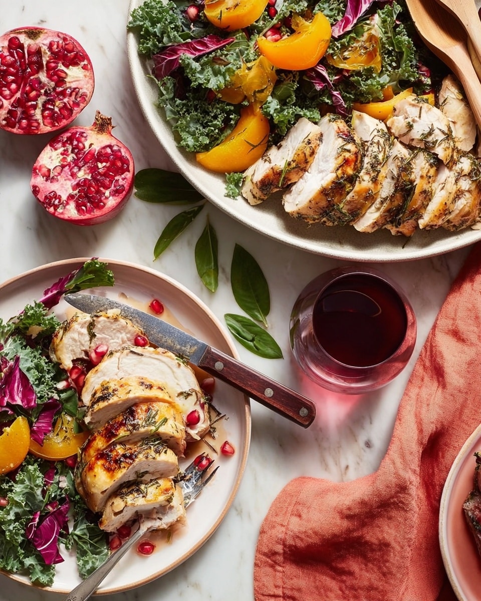 The image shows a white plate on the right side with sliced roasted chicken arranged in two rows with golden brown and herb-speckled skin; next to it are two opened pomegranate halves with bright red seeds and scattered leaves adding green color around the plate. On the bottom left, a white plate holds three slices of roasted chicken with a side salad made of dark green kale, purple radicchio, yellow-orange persimmon slices, and scattered red pomegranate seeds, with a silver fork resting on the plate. At the top left, there is a white bowl filled with the same colorful salad, and two wooden salad utensils rest inside. A glass of red wine sits near the center on a white marbled surface, alongside a knife with a dark handle beside a coral-colored cloth napkin. The overall scene is bright and fresh, showing a mix of warm and cool tones photo taken with an iphone --ar 4:5 --v 7