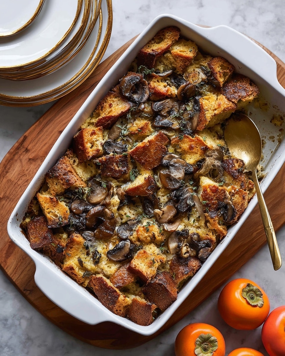 The image shows a white rectangular baking dish filled with a baked stuffing made of large, toasted golden brown bread cubes mixed with slices of cooked mushrooms and bits of green herbs and onions scattered throughout. The bread pieces are uneven in shape and have a crisp texture, with some parts darker brown from roasting. The mushrooms are thinly sliced and browned, adding a soft texture contrast. The stuffing appears to be well mixed and slightly packed with a rustic, homemade appearance, placed on a white marbled surface with part of a white plate visible on the left side. Photo taken with an iphone --ar 4:5 --v 7