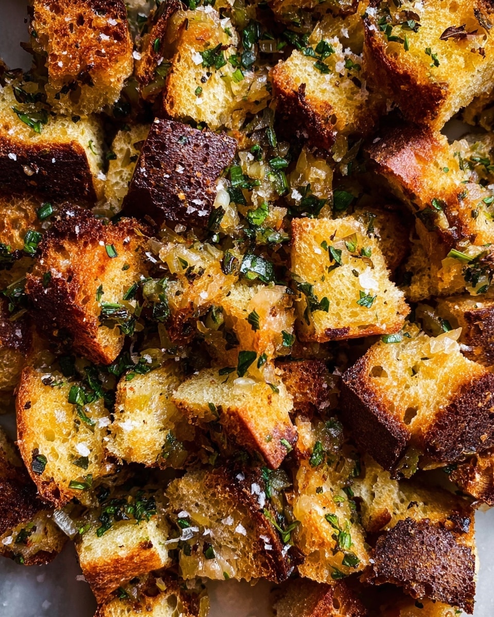The image shows many toasted bread cubes with a golden brown, crispy texture mixed with chopped green herbs and bits of cooked onion, sprinkled with coarse white salt flakes. The bread pieces have uneven, rough edges and a crunchy look, with some parts darker and well-toasted, giving a varied color of deep brown to light yellow. The ingredients seem closely mixed, filling the entire frame against a white marbled background. The light highlights the texture and colors, emphasizing the crispiness and seasoning on the bread cubes. photo taken with an iphone --ar 4:5 --v 7