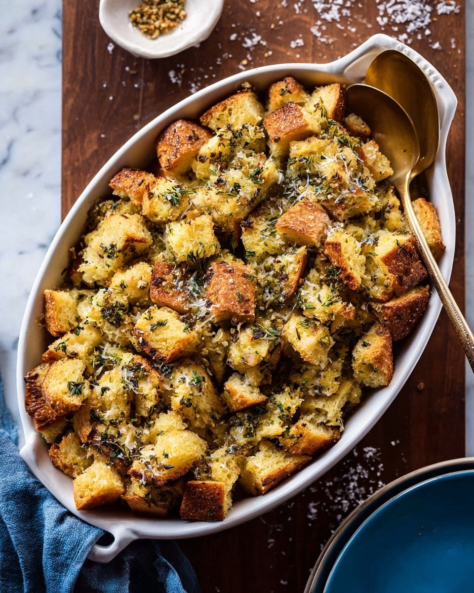 A big white oval dish filled with golden brown bread cubes topped with green herbs and small bits of melted butter or cheese, creating a crispy and soft texture mix; a gold spoon rests partially inside the dish on the right side, surrounded by scattered herbs and coarse salt on a dark wooden surface, with a small white bowl of crushed nuts or spices by the top and a blue plate at the bottom right corner; the whole setting is on a white marbled texture. photo taken with an iphone --ar 4:5 --v 7
