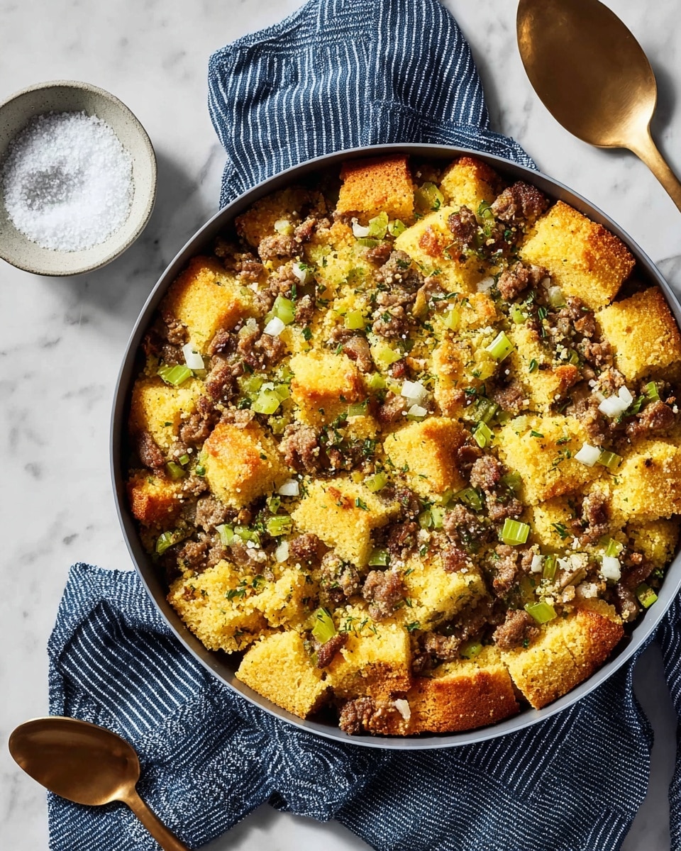 The image shows a round blue pot filled with a mixed dish of stuffing. The stuffing has three main layers: the base is a crumbly mix of bread pieces in golden brown with some toasted edges, the middle layer contains small chunks of pale green celery mixed with light brown cooked meat crumbles, and the top layer has scattered golden bread pieces that are crispy and browned. There are small green parsley leaves spread over the dish for a fresh touch. The pot is placed on a white marbled surface. photo taken with an iphone --ar 4:5 --v 7
