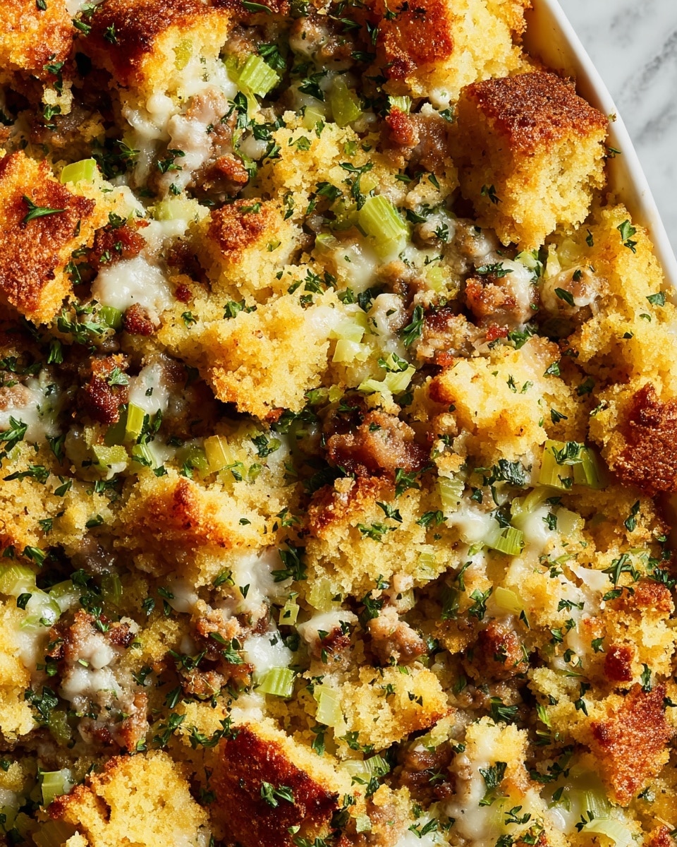 This dish shows a close-up of a layered casserole with chunks of golden brown cornbread scattered throughout. Among the cornbread pieces, there are finely chopped green celery and small bits of cooked browned meat that create a textured, mixed surface. A light sprinkling of herbs is visible all over, adding subtle green flecks, while melted bits of cheese or sauce bind some parts together with a creamy white sheen. The food is displayed on a white marbled texture, highlighting the warm colors and mixed textures in the dish. photo taken with an iphone --ar 4:5 --v 7