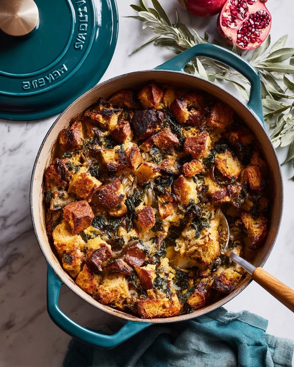 The image shows a round teal Le Creuset pot filled with a baked dish made of multiple layers. The top layer is golden brown bread chunks with a crispy texture, mixed with dark green leafy bits and some caramelized onions spread throughout. The inside layer appears soft and moist, soaking up the creamy base. A spoon with a wooden handle rests inside the pot, partially scooping the food. The pot is placed on a white marbled surface next to a teal cloth napkin, a pomegranate, and an olive branch, with the pot lid nearby. Photo taken with an iphone --ar 4:5 --v 7
