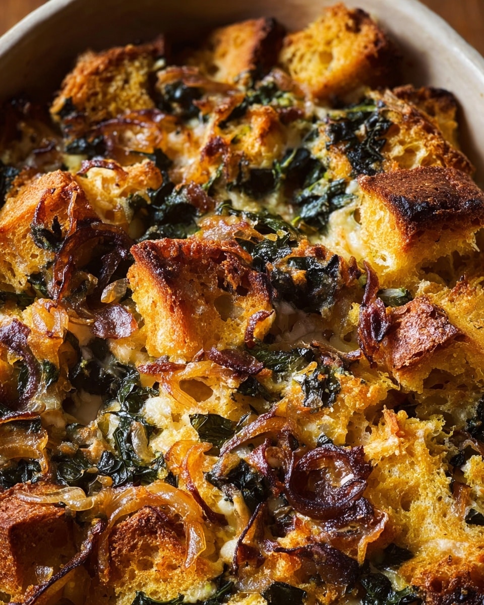 The dish shows a close-up of a baked casserole with multiple layers. The base layer consists of soft, golden-yellow bread pieces with a slightly crunchy, toasted brown top. Mixed throughout are dark green leafy bits that look cooked and wilted, adding texture. Thin caramelized onion strips are scattered across, showing a rich brown color and slightly curled shapes. The bread pieces are uneven in size and appear soaked with a creamy, light yellow sauce that peeks through in some spots. The whole dish has a golden-brown upper crust with crisp and slightly charred edges, giving it a warm, homely look. Photo taken with an iphone --ar 4:5 --v 7