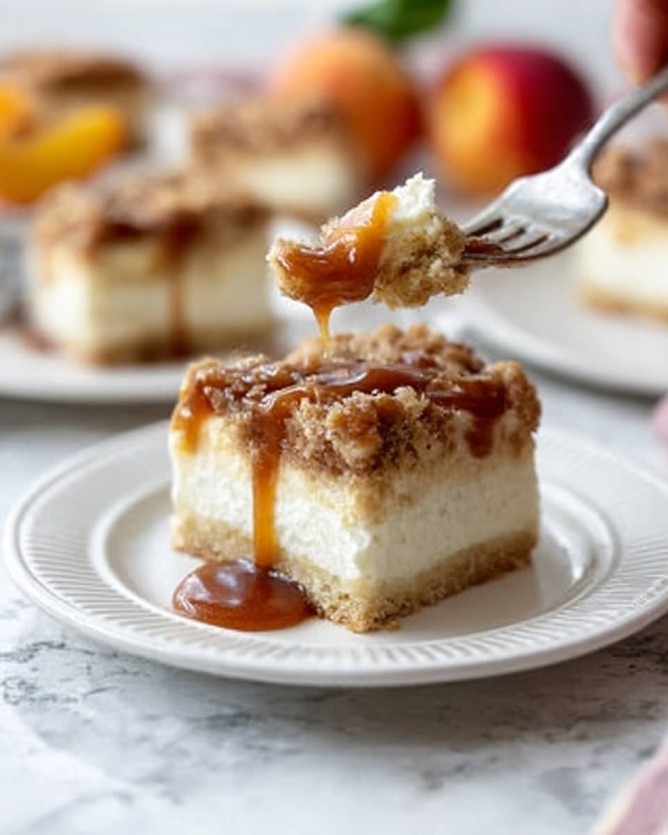 The image shows a square piece of dessert on a small white plate placed on a colorful cloth. The dessert has three layers: the bottom layer is a thin golden crust, the middle layer is thick and creamy white, and the top layer is a crumbly mix with oats and nuts. A glossy caramel sauce is drizzled over the dessert, dripping onto the plate. Behind the plate, a large white rectangular dish holds more pieces of the same dessert. In the background, two apples and a flower vase with bright red, purple, and pink flowers are visible, all set on a white marbled surface. photo taken with an iphone --ar 4:5 --v 7